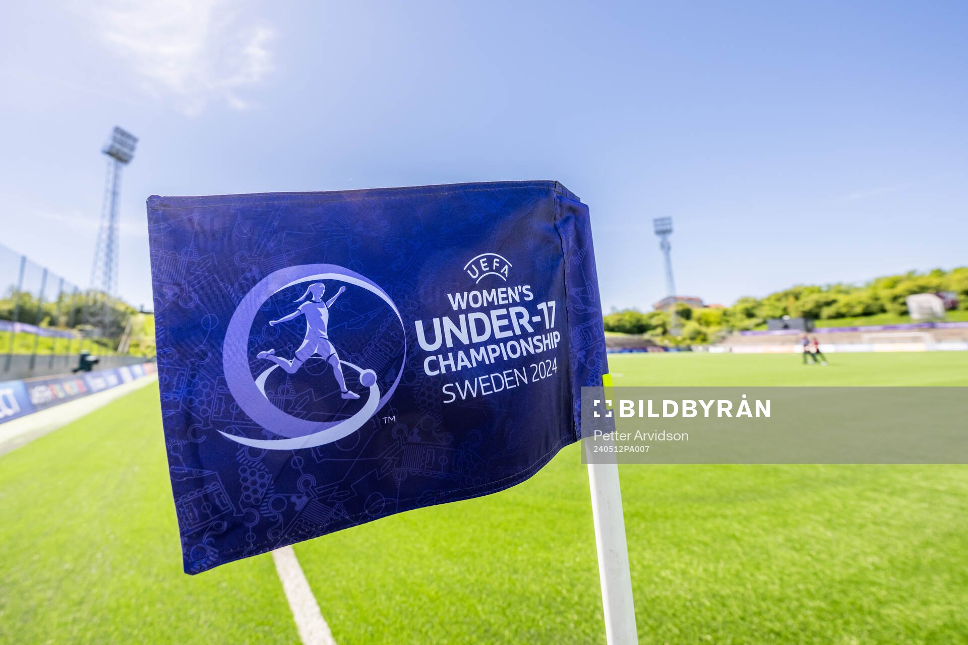 A corner flag at Klostergårdens Idrottsplats ahead of the UEFA European Women’s Under-17 Championship match between Belgium and Spain on May 12, 2024 in Lund. 