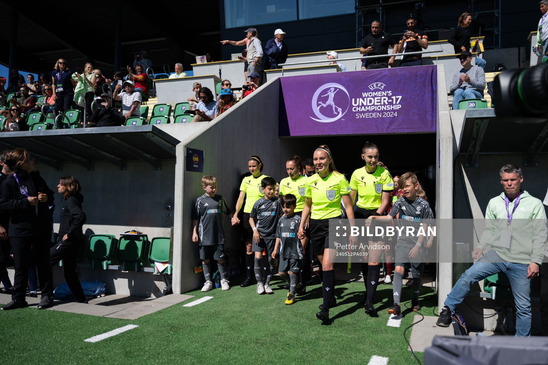 Referee Fabienne Miche, Fourth Official Cansu Tryak, Assistant referee Daniela Göttlinger and Assistant referee Edjena Kapxhiu ahead of the UEFA European Women’s Under-17 Championship match between Belgium and Spain on May 12, 2024 in Lund.