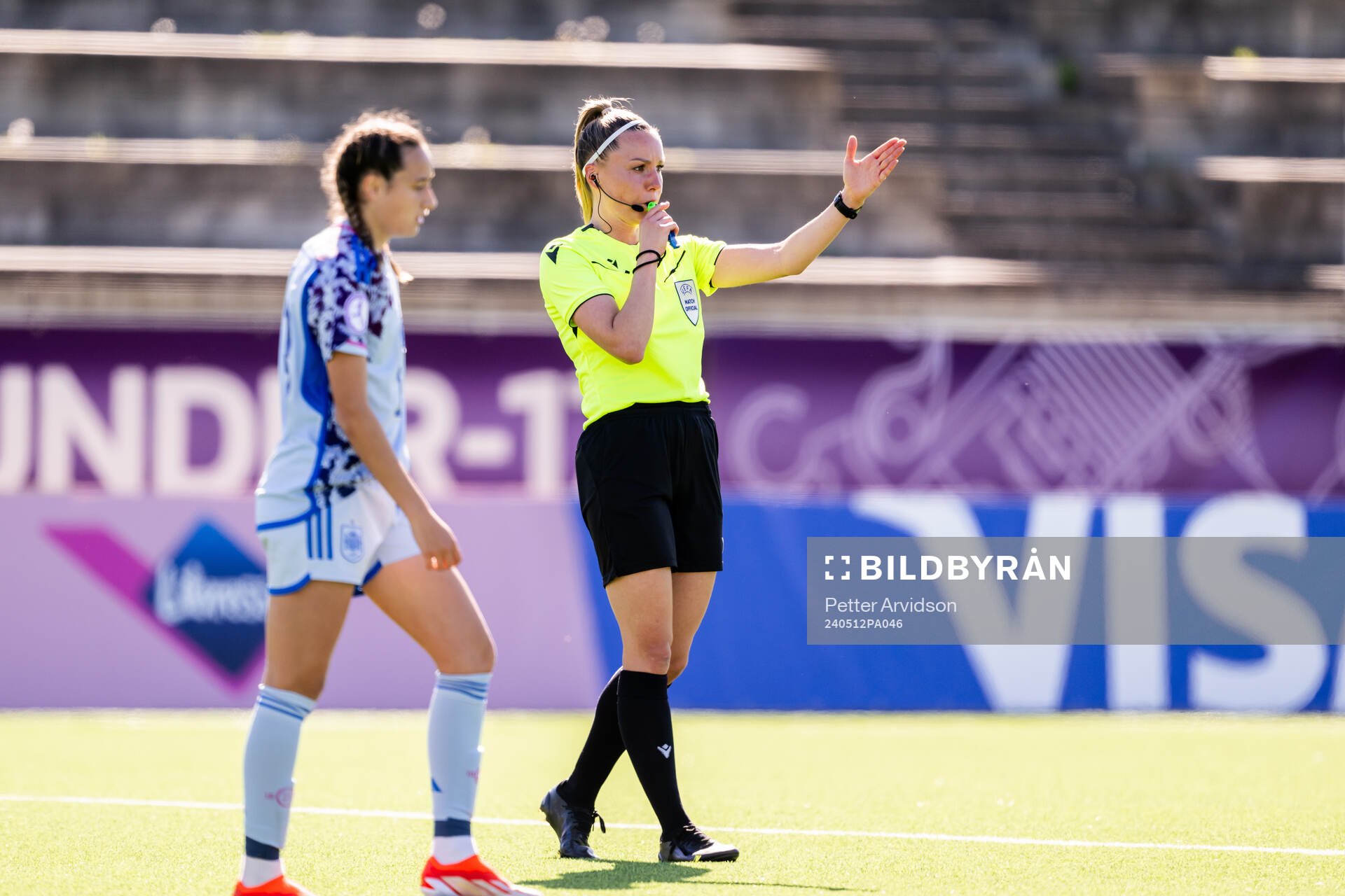 Referee Fabienne Miche during the UEFA European Women’s Under-17 Championship match between Belgium and Spain on May 12, 2024 in Lund.