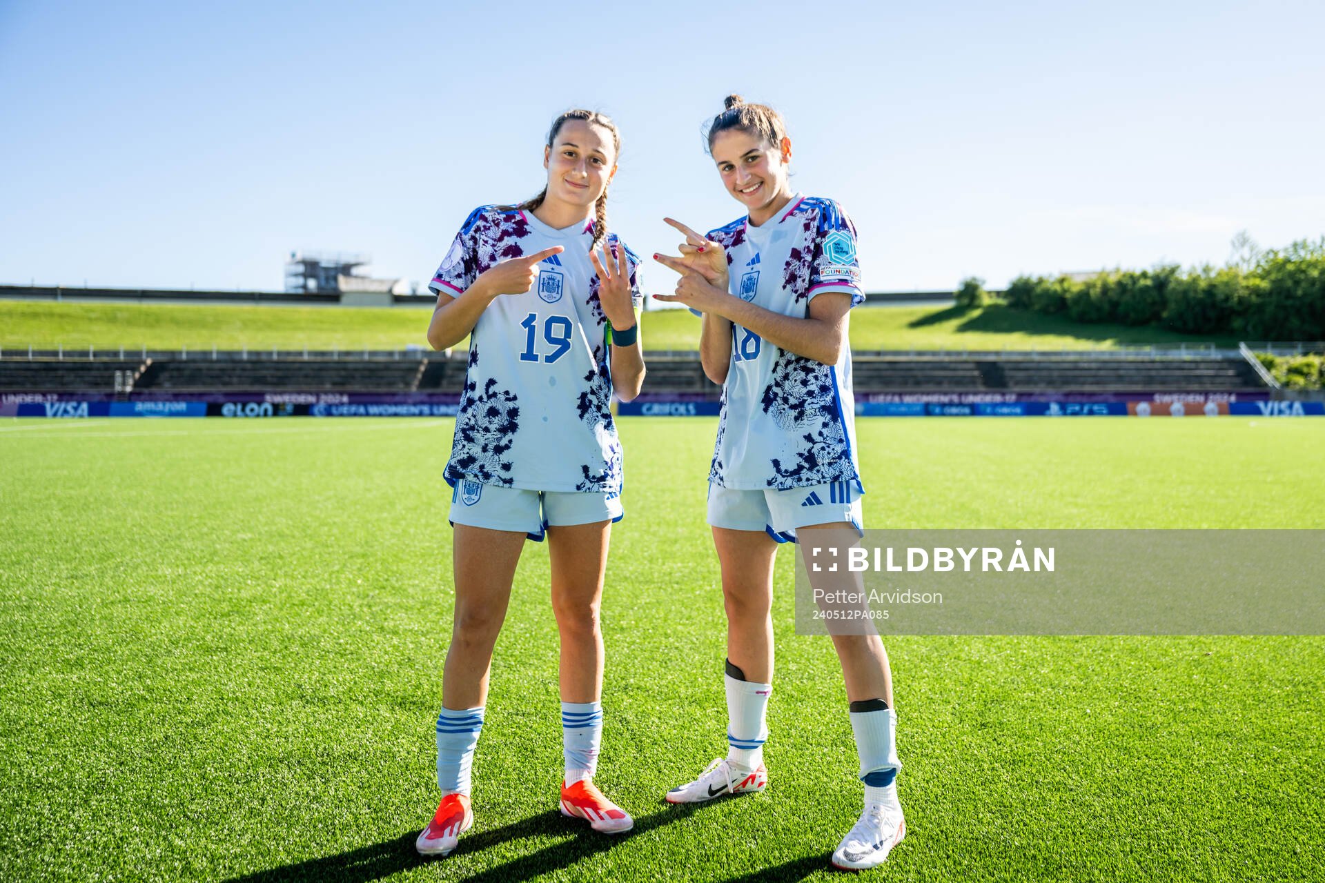 Alba Cerrato and Lucia Rivas of Spain celebrate after the UEFA European Women’s Under-17 Championship match between Belgium and Spain on May 12, 2024 in Lund.