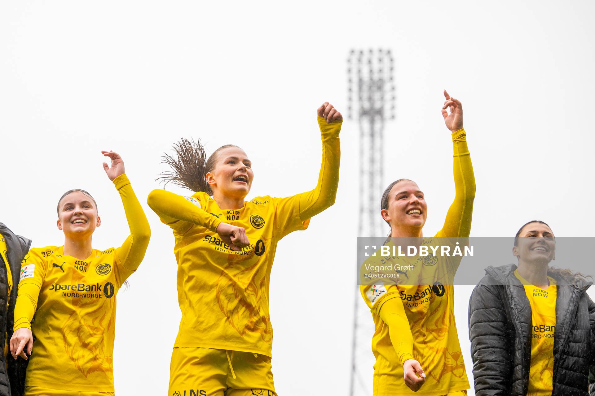 Mathea Meyer Theting, Rikke Fleischer Nedreaas and Lærke Hammer of Bodø/Glimt celebrate after the 1. division football match between Bodø/Glimt and TIL 2020 on May 12, 2024 in Bodø.