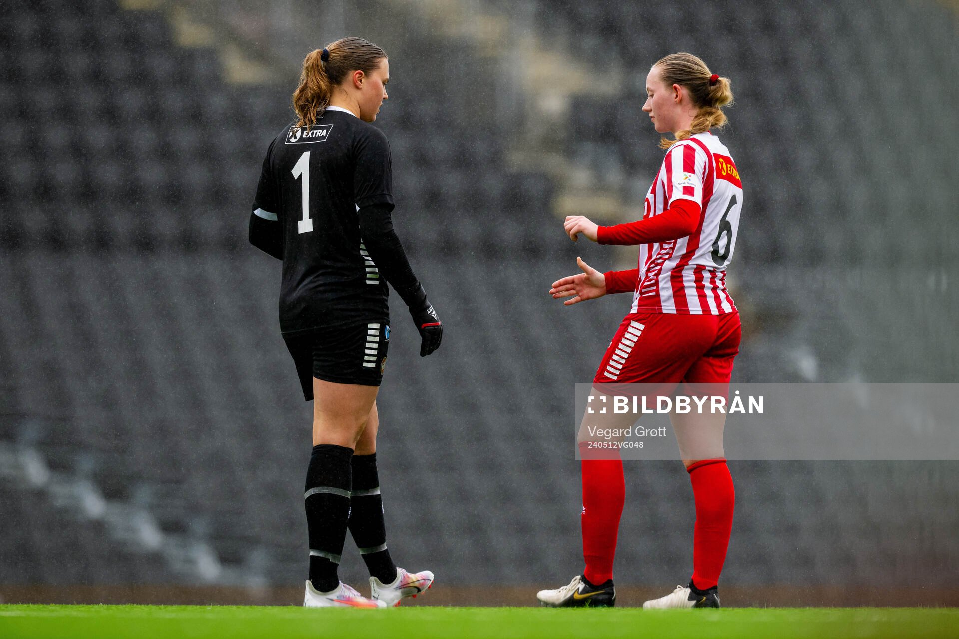 Goalkeeper Marie Aspenes and Emilie Sofie Ludvigsen of TIL 2020 after the 1. division football match between Bodø/Glimt and TIL 2020 on May 12, 2024 in Bodø.