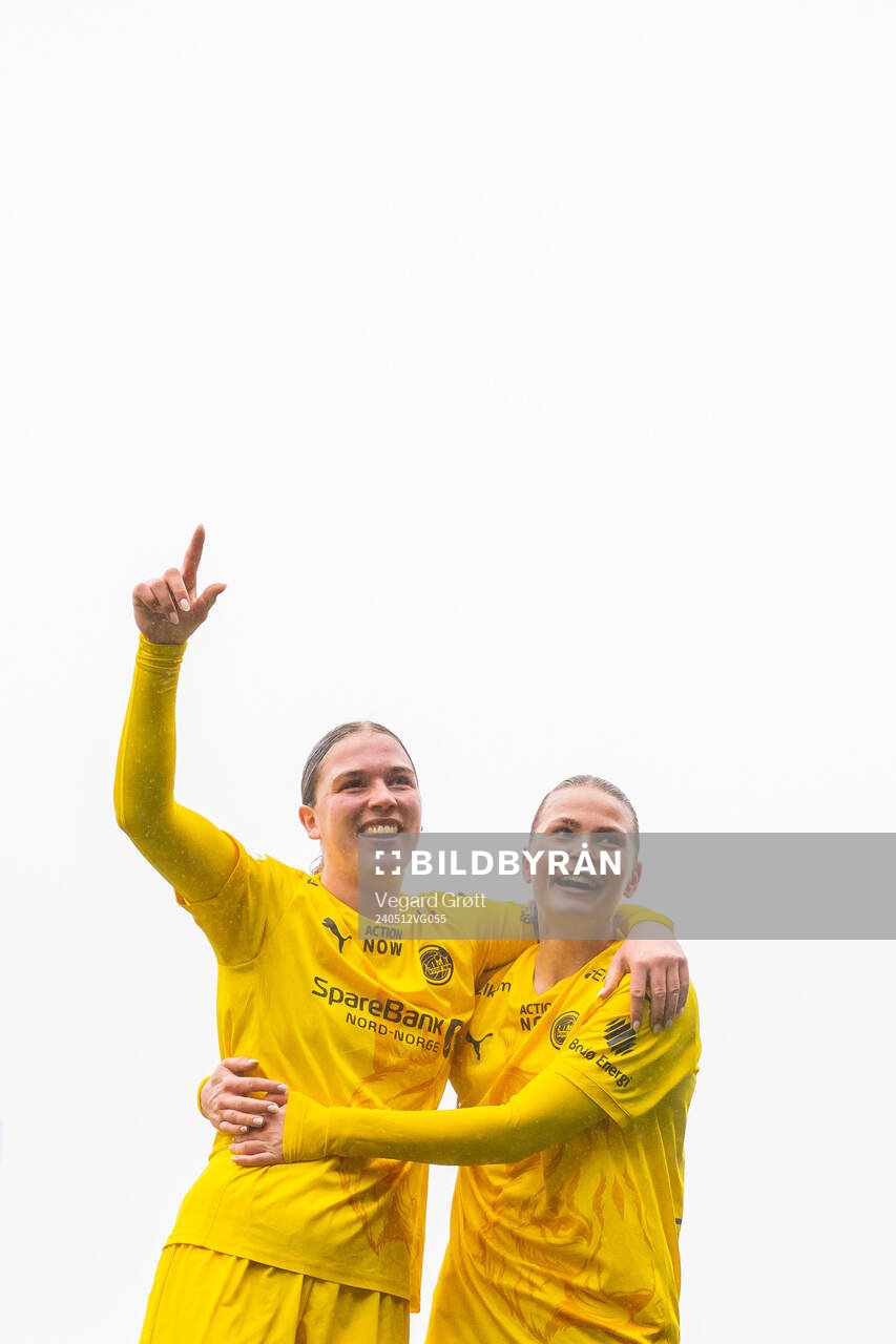 Lærke Hammer and Rikke Fleischer Nedreaas of Bodø/Glimt celebrate after the 1. division football match between Bodø/Glimt and TIL 2020 on May 12, 2024 in Bodø.