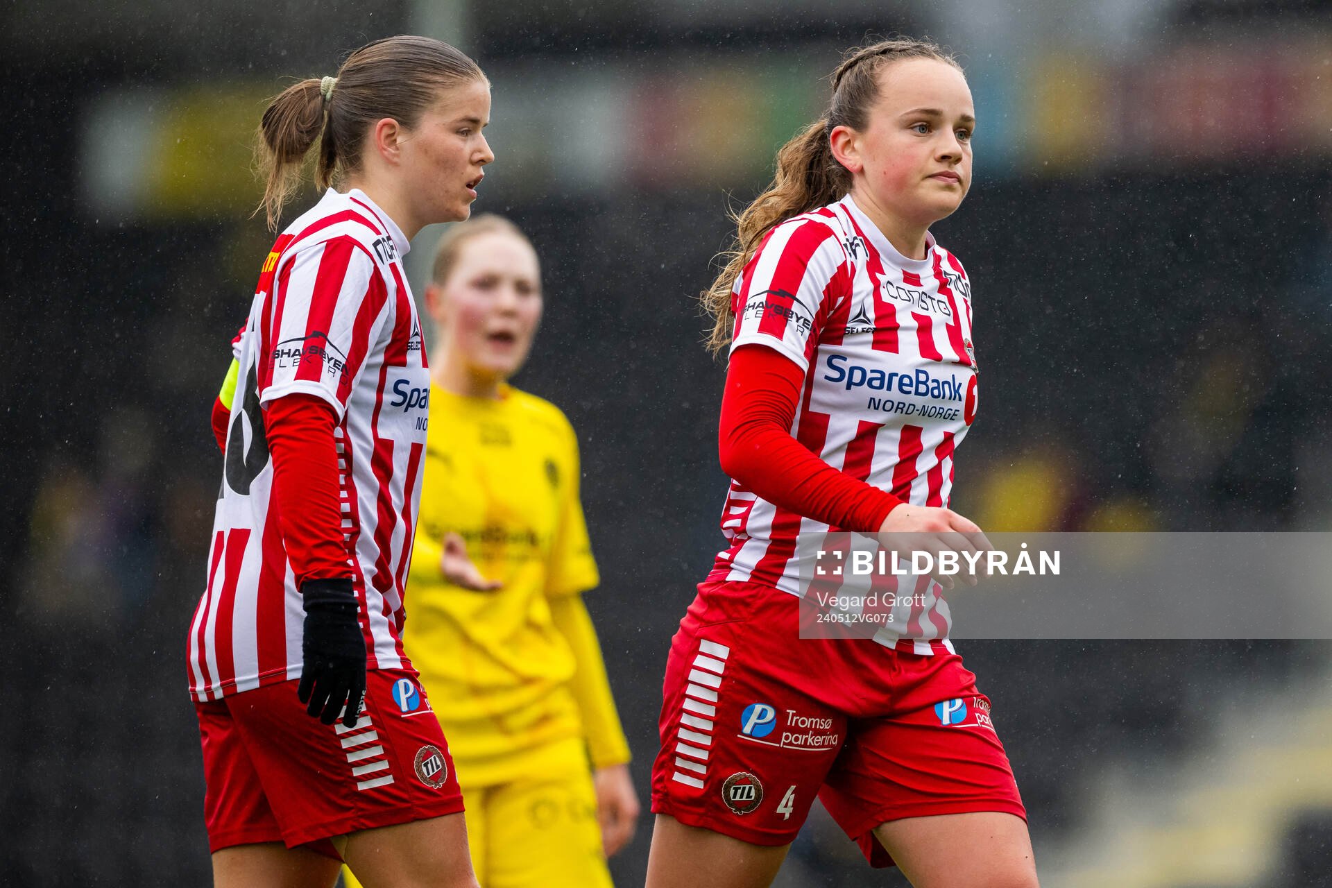 Mali Motrøen Trøan and Casandra Luthcke of TIL 2020 during the 1. division football match between Bodø/Glimt and TIL 2020 on May 12, 2024 in Bodø.