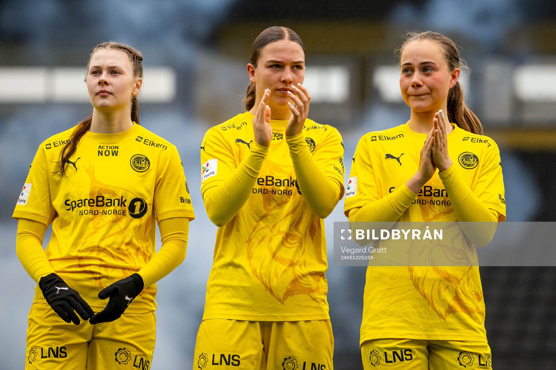Gerd Anine Johansen, Lærke Hammer and Lise Højsted Dissing of Bodø/Glimt line up ahead of the 1. division football match between Bodø/Glimt and TIL 2020 on May 12, 2024 in Bodø. 
