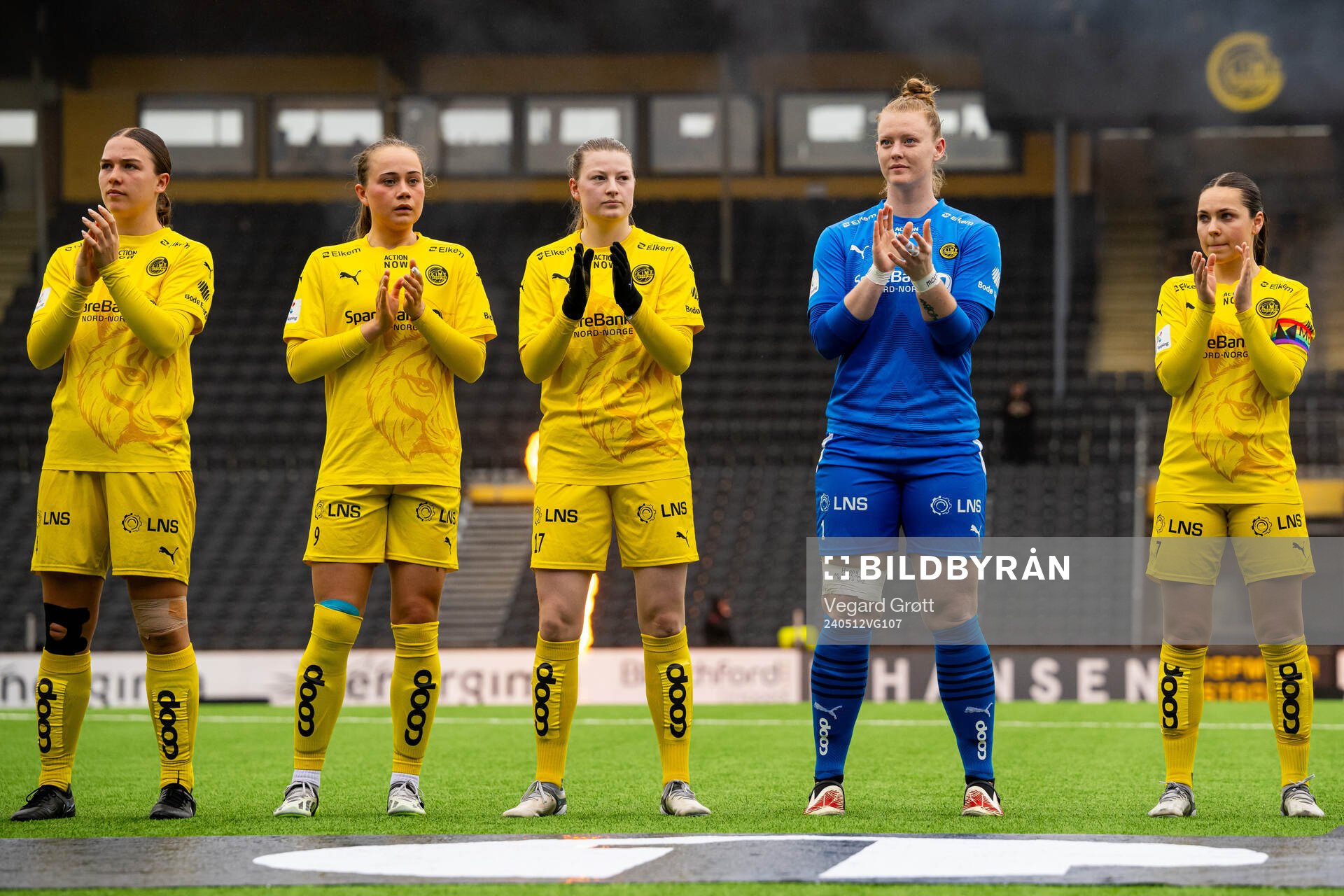 Lærke Hammer, Lise Højsted Dissing, Cecilie Falch, goalkeeper Aubrei Corder and Helene Rædergård Schjelderup of Bodø/Glimt line up ahead of the 1. division football match between Bodø/Glimt and TIL 2020 on May 12, 2024 in Bodø.
