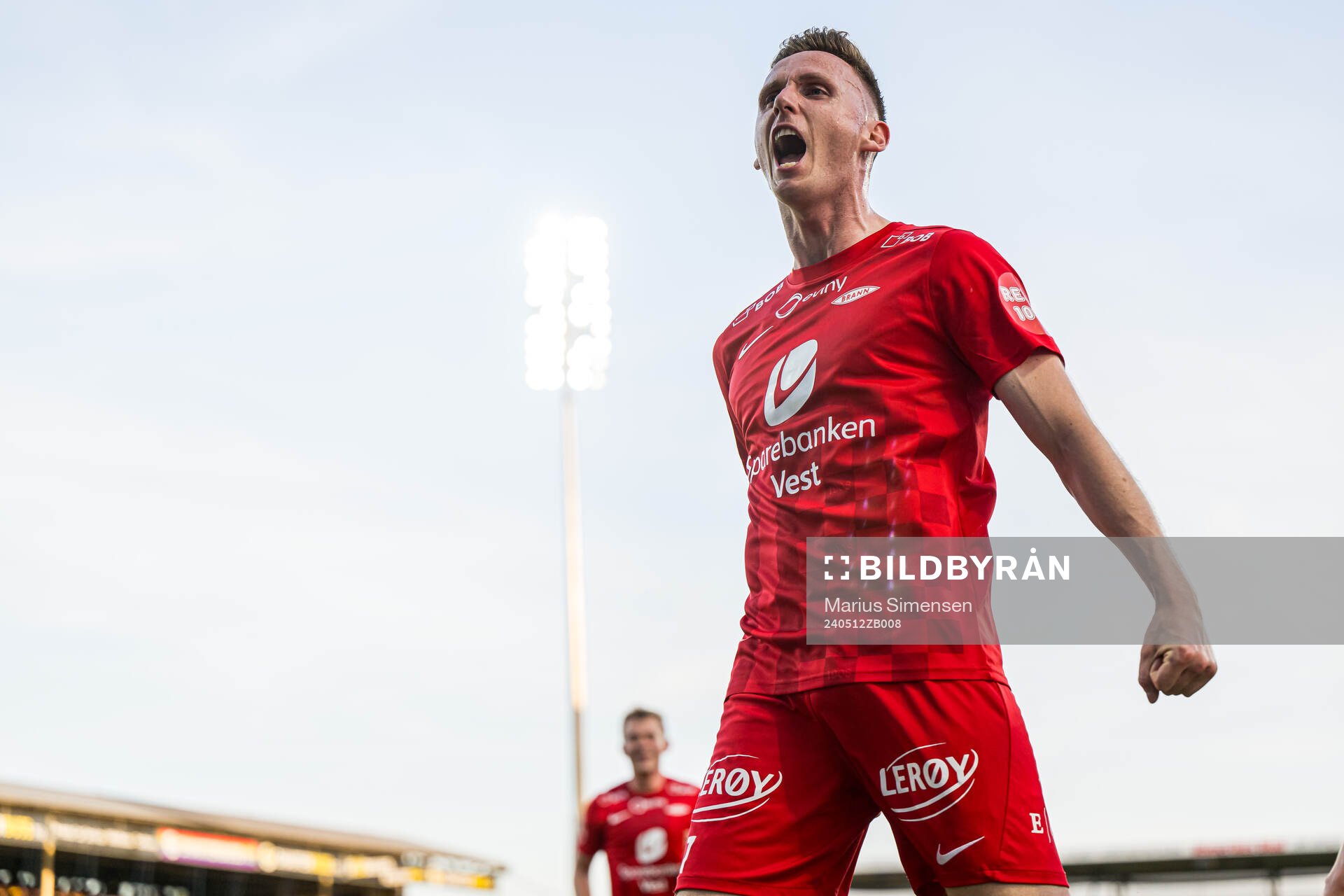 Joachim Soltvedt of Brann celebrates after scoring the 0-2 goal during the Eliteserien match between Lillestrøm and Brann on May 12, 2024 in Lillestrøm.