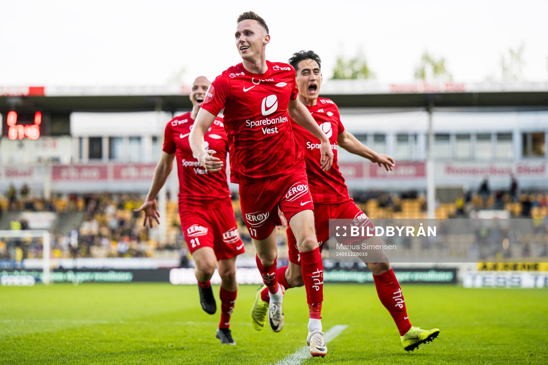 Joachim Soltvedt of Brann celebrates after scoring the 0-2 goal during the Eliteserien match between Lillestrøm and Brann on May 12, 2024 in Lillestrøm.