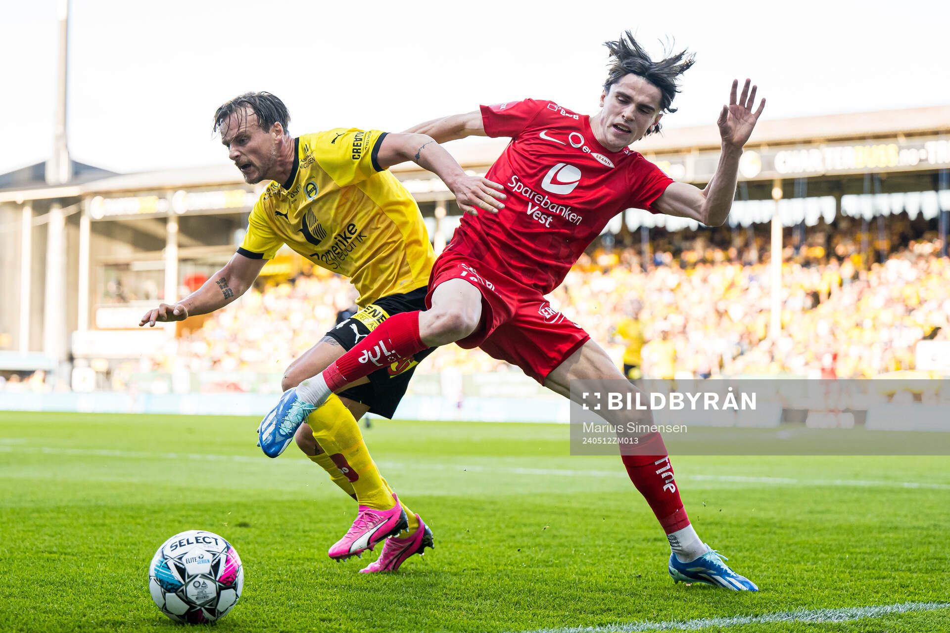 Jan Eric Anton Larsson of Lillestrøm and Ulrik Mathisen of Brann during the Eliteserien match between Lillestrøm and Brann on May 12, 2024 in Lillestrøm.