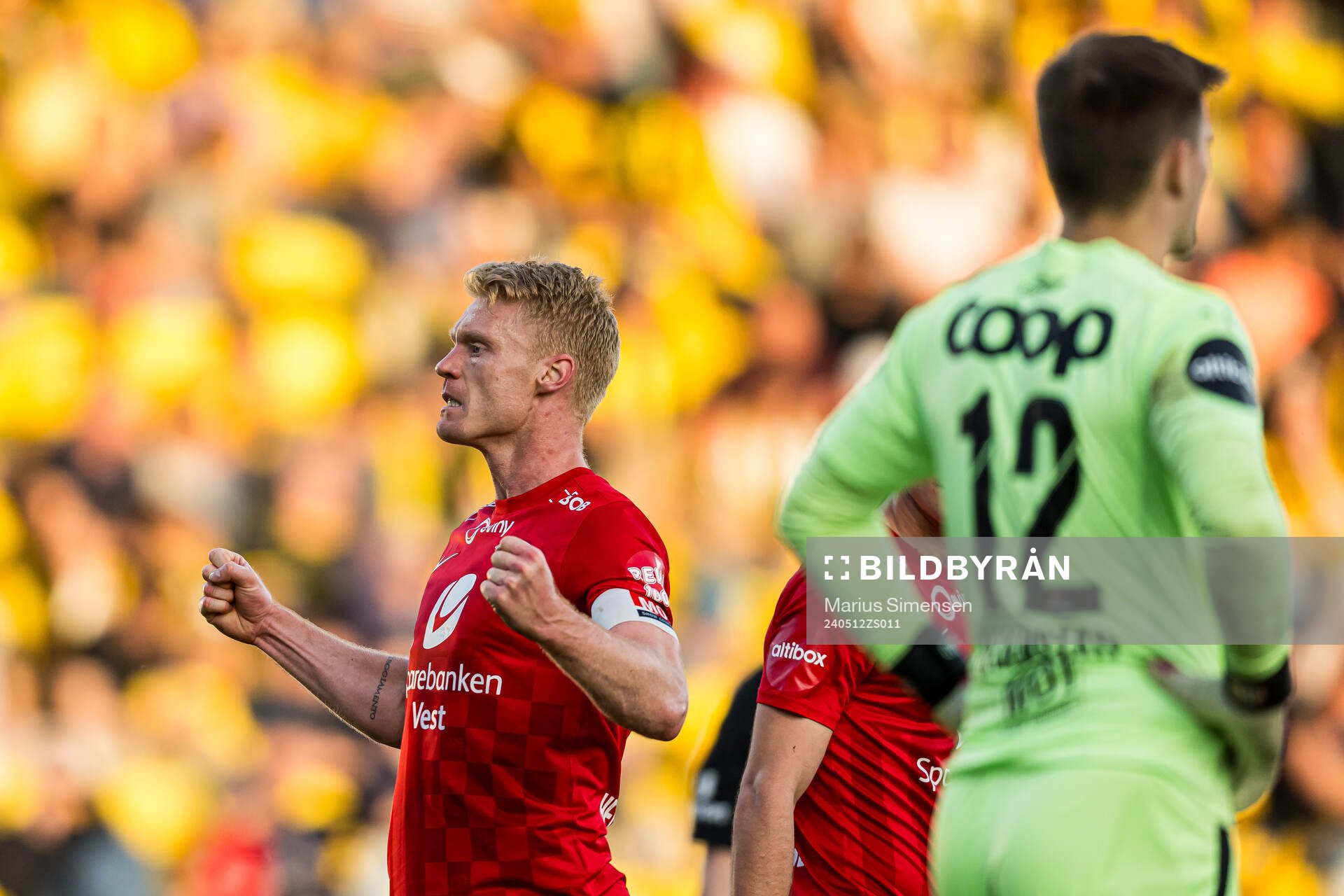 Sivert Heltne Nilsen of Brann celebrates after scoring the 0-1 goal during the Eliteserien match between Lillestrøm and Brann on May 12, 2024 in Lillestrøm.