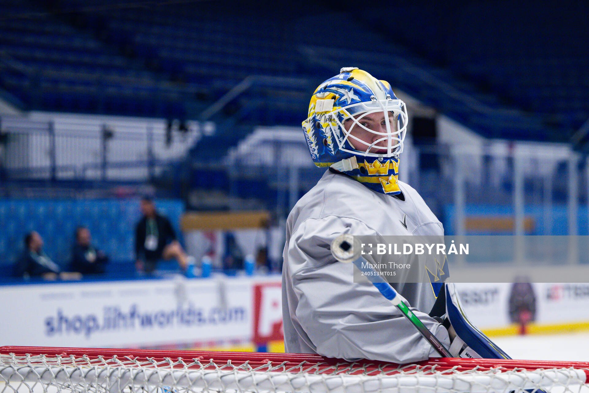 Goaltender Jesper Wallstedt of Sweden at a practice session