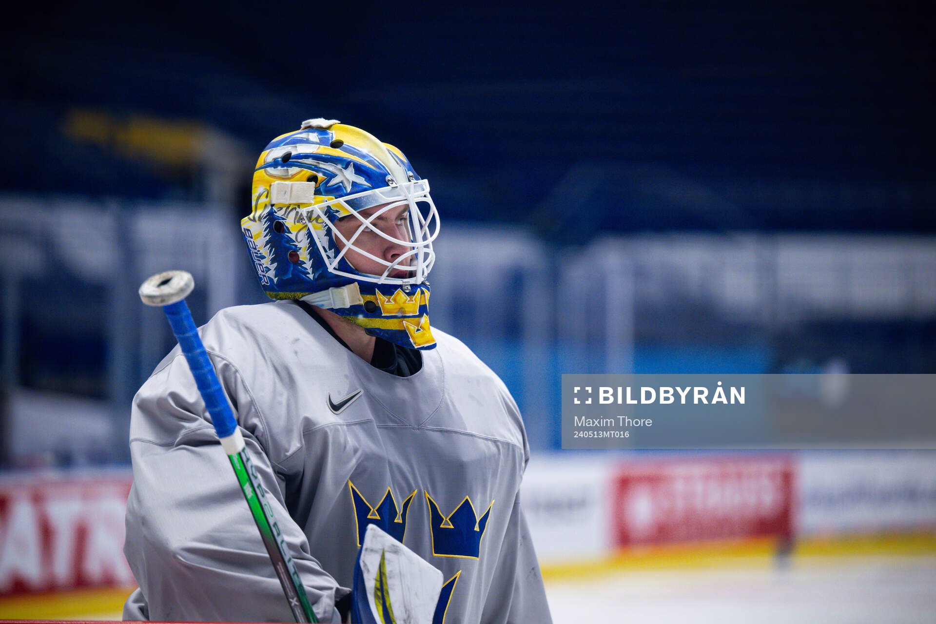 Goaltender Jesper Wallstedt of Sweden at a practice session