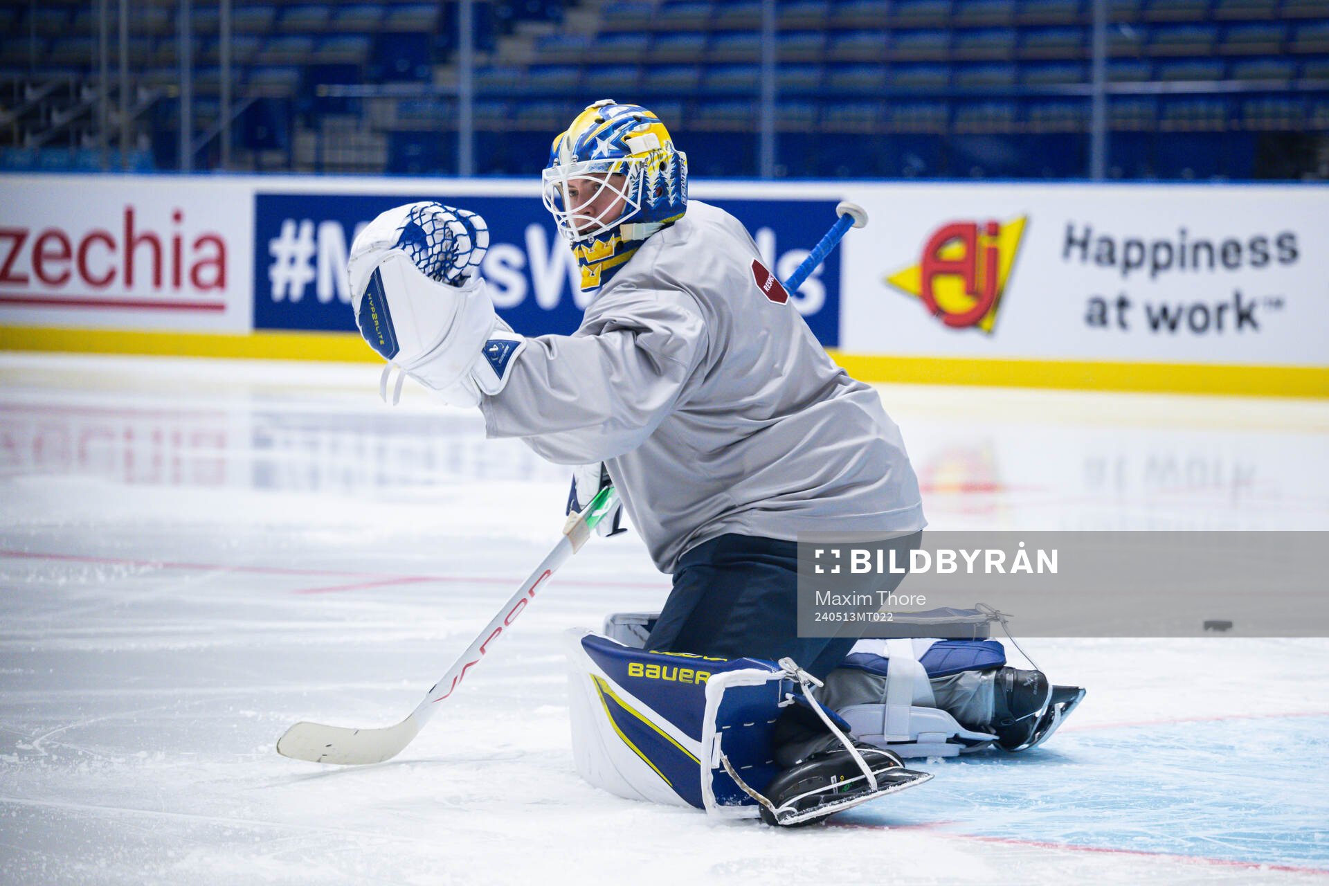 Goaltender Jesper Wallstedt of Sweden at a practice session