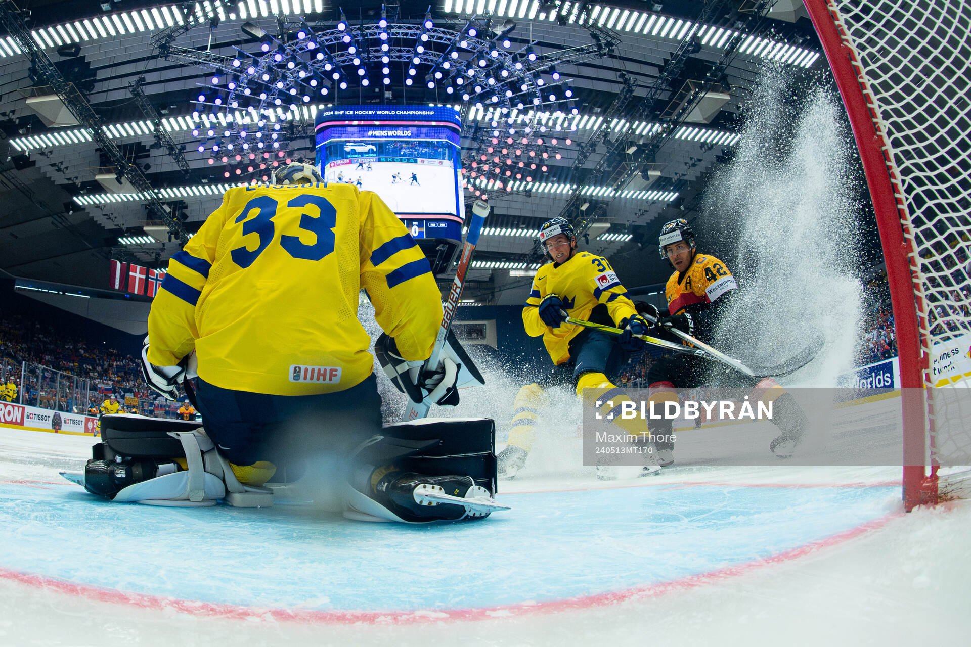 Goaltender Samuel Ersson and Isac Lundeström of Sweden