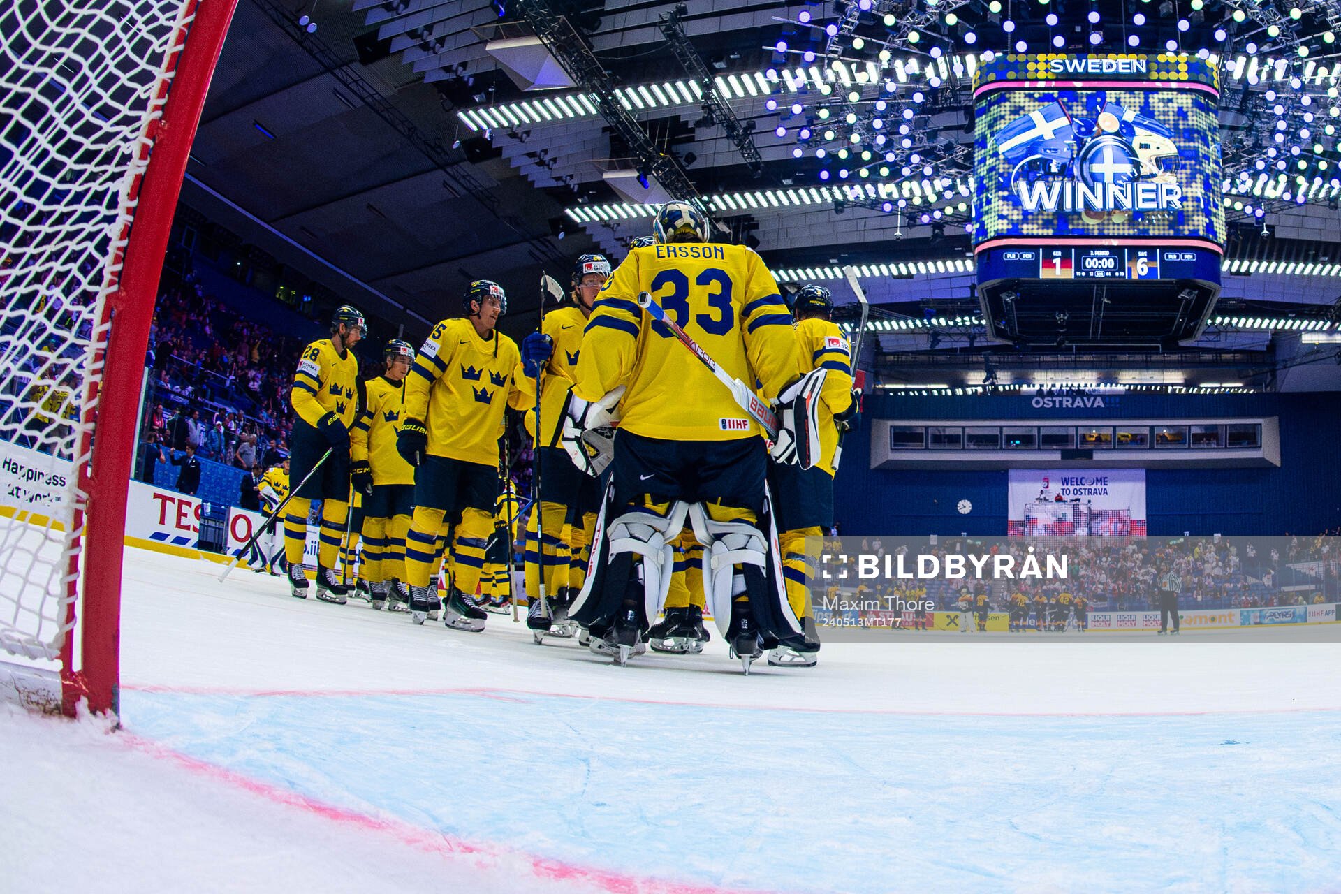 Goaltender Samuel Ersson of Sweden celebrate the win with