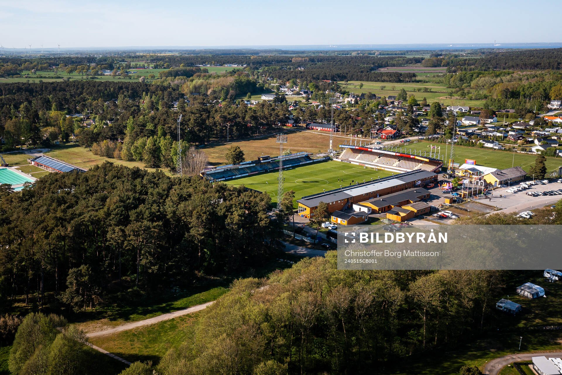 Drönarvy över Strandvallen inför fotbollsmatchen i Allsvenskan mellan Mjällby och Hammarby den 15 maj 2024 i Hällevik. 