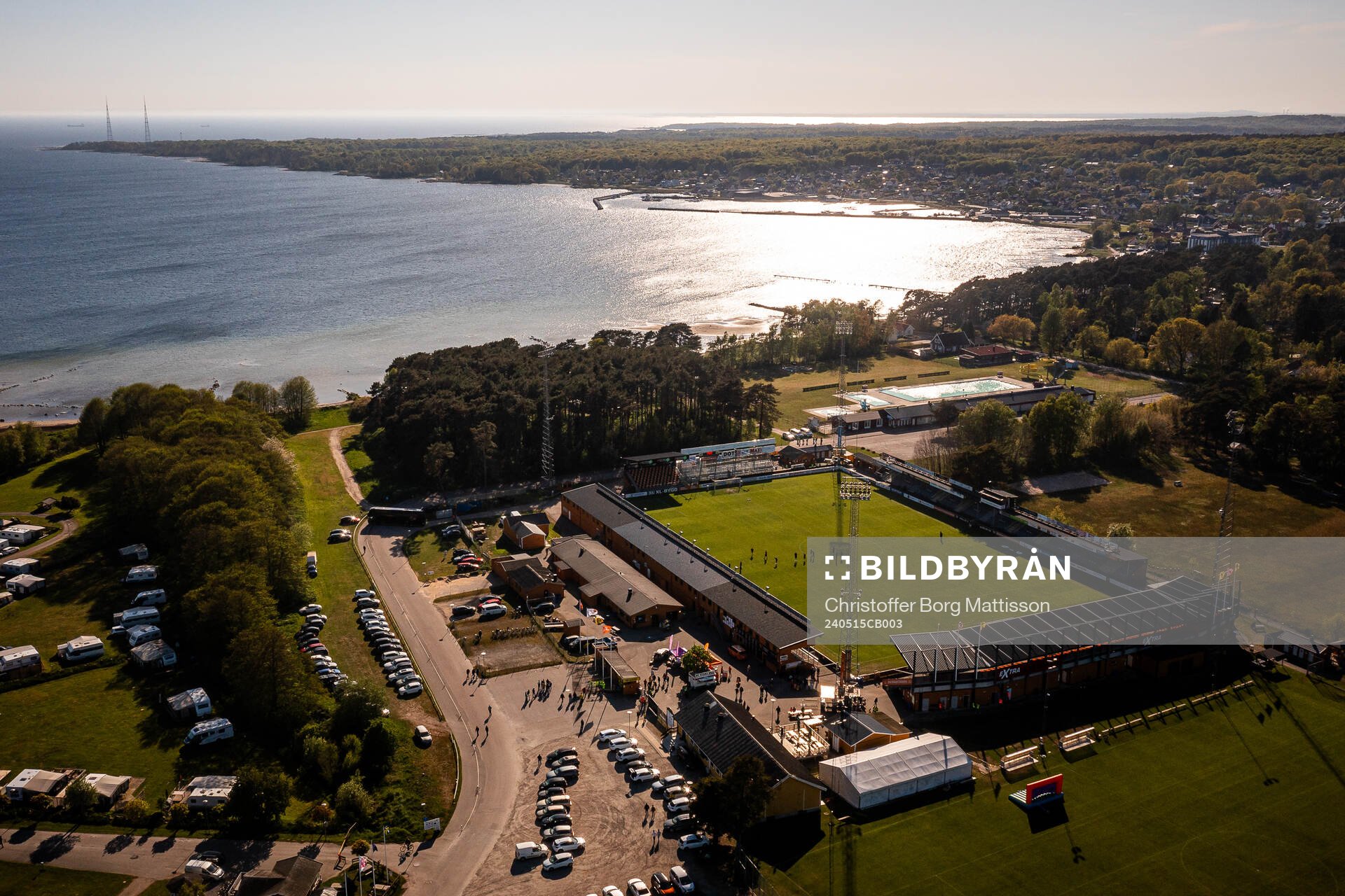 Drönarvy över Strandvallen inför fotbollsmatchen i Allsvenskan mellan Mjällby och Hammarby den 15 maj 2024 i Hällevik. 