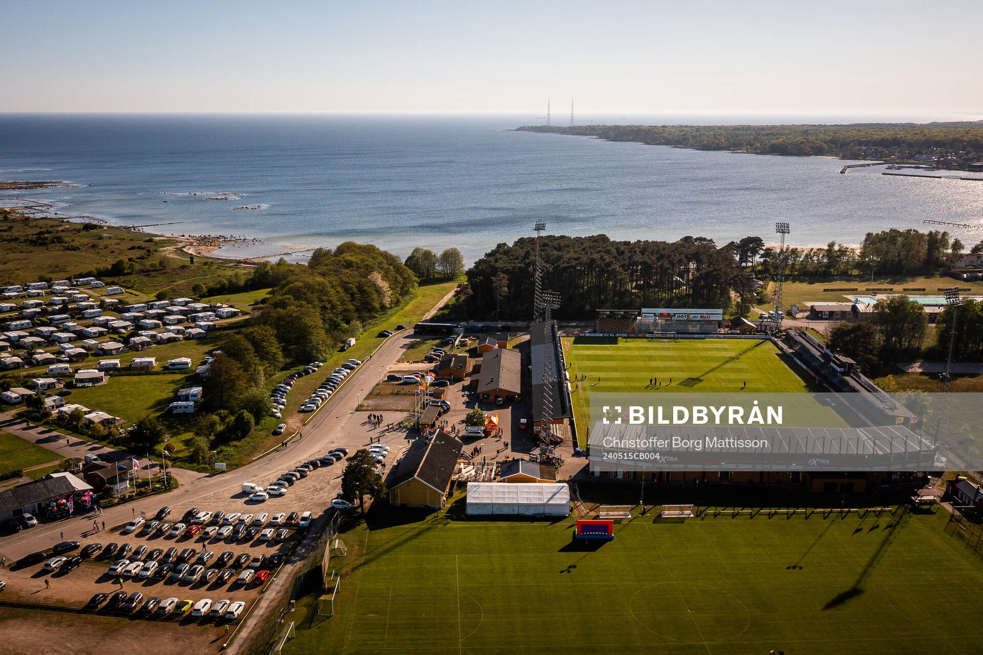Drönarvy över Strandvallen inför fotbollsmatchen i Allsvenskan mellan Mjällby och Hammarby den 15 maj 2024 i Hällevik. 