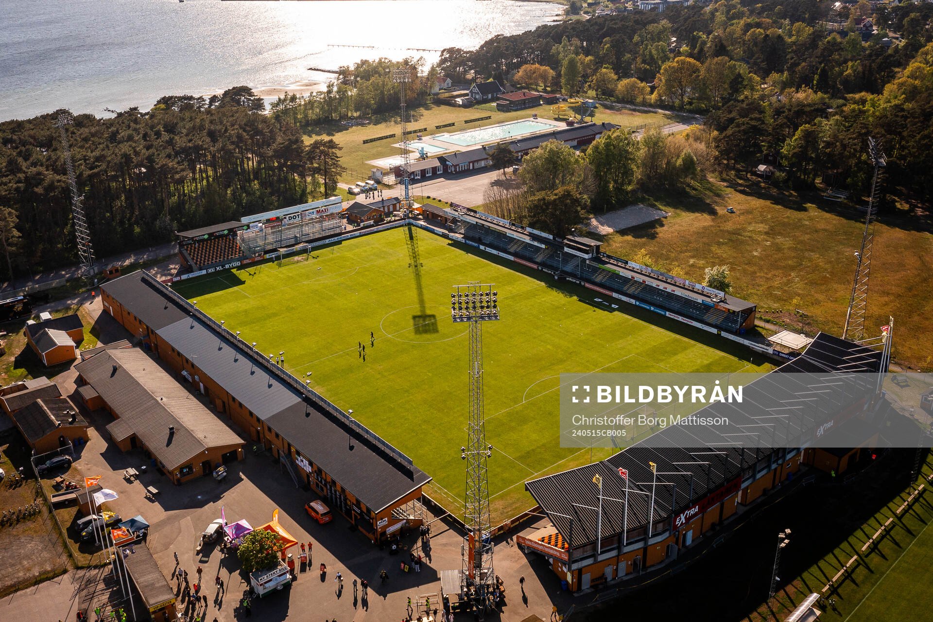 Drönarvy över Strandvallen inför fotbollsmatchen i Allsvenskan mellan Mjällby och Hammarby den 15 maj 2024 i Hällevik. 