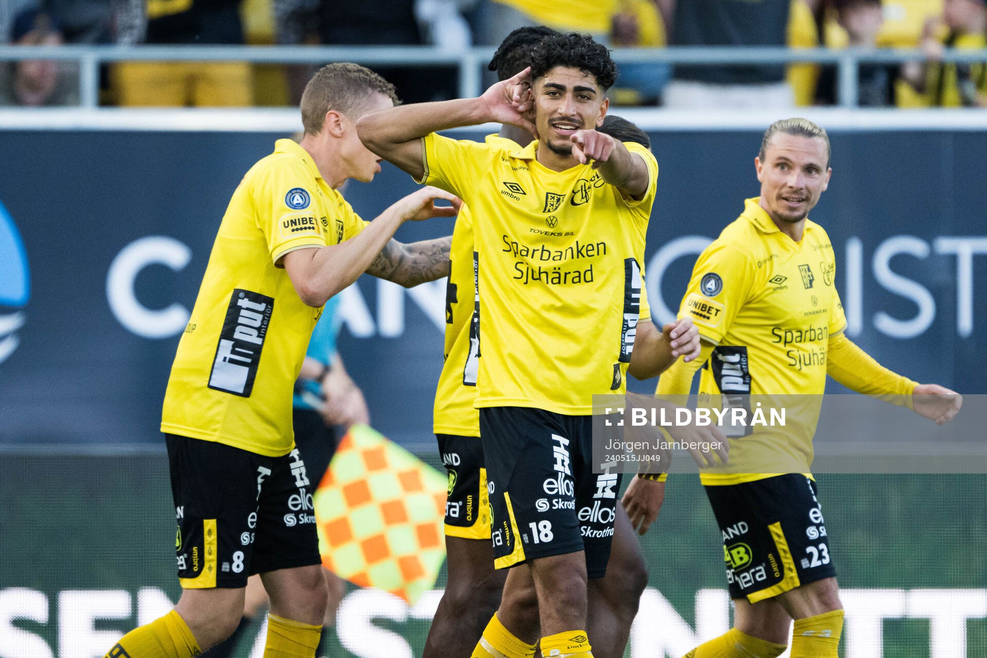 Elfsborgs Ahmed Qasem jublar efter 5-0 under fotbollsmatchen i Allsvenskan mellan Elfsborg och AIK den 15 maj 2024 i Borås. 