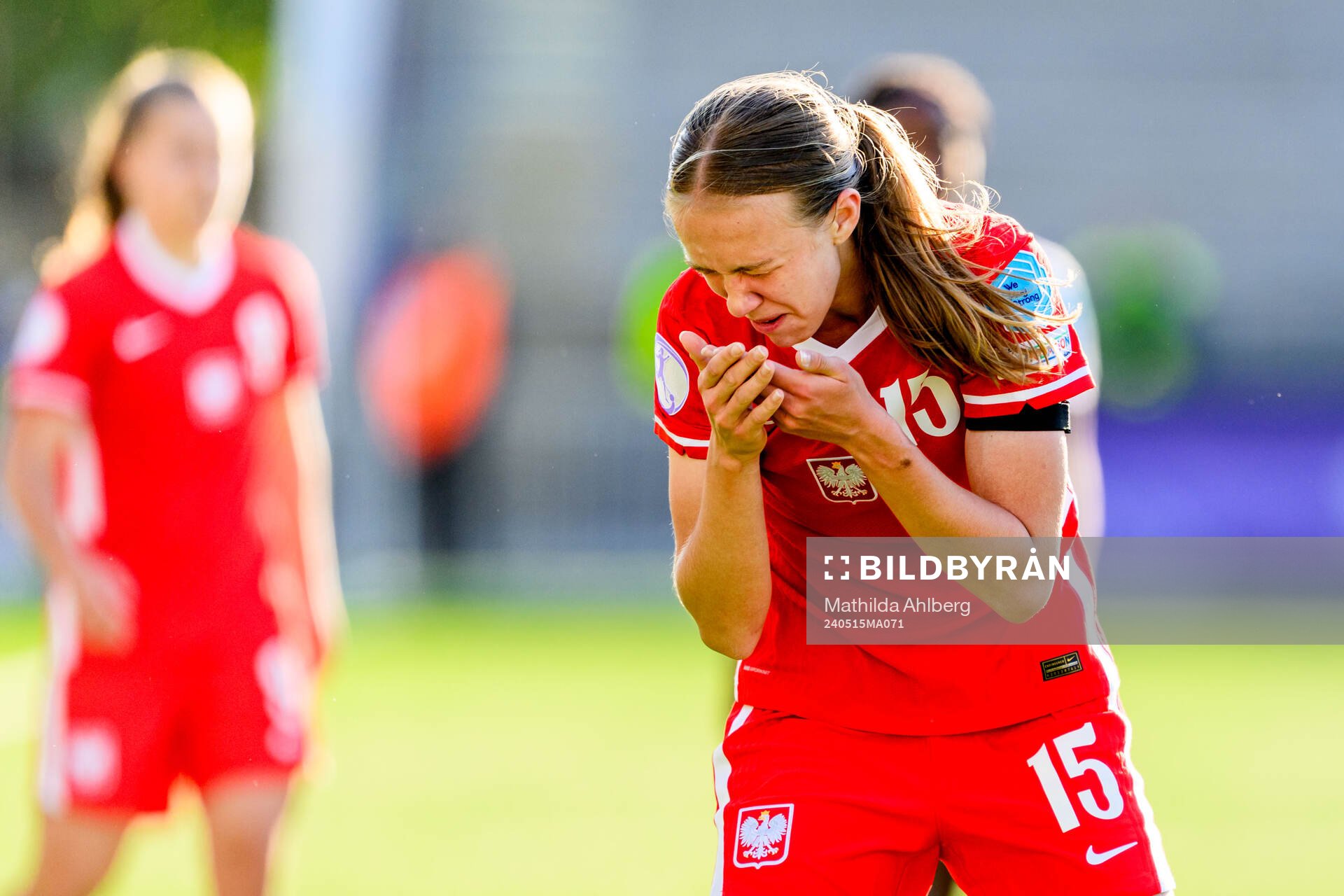 Weronika Arasniewicz of Poland in pain during the UEFA European Women’s Under-17 Championship semifinal match between England and Poland on May 15, 2024 in Malmö.