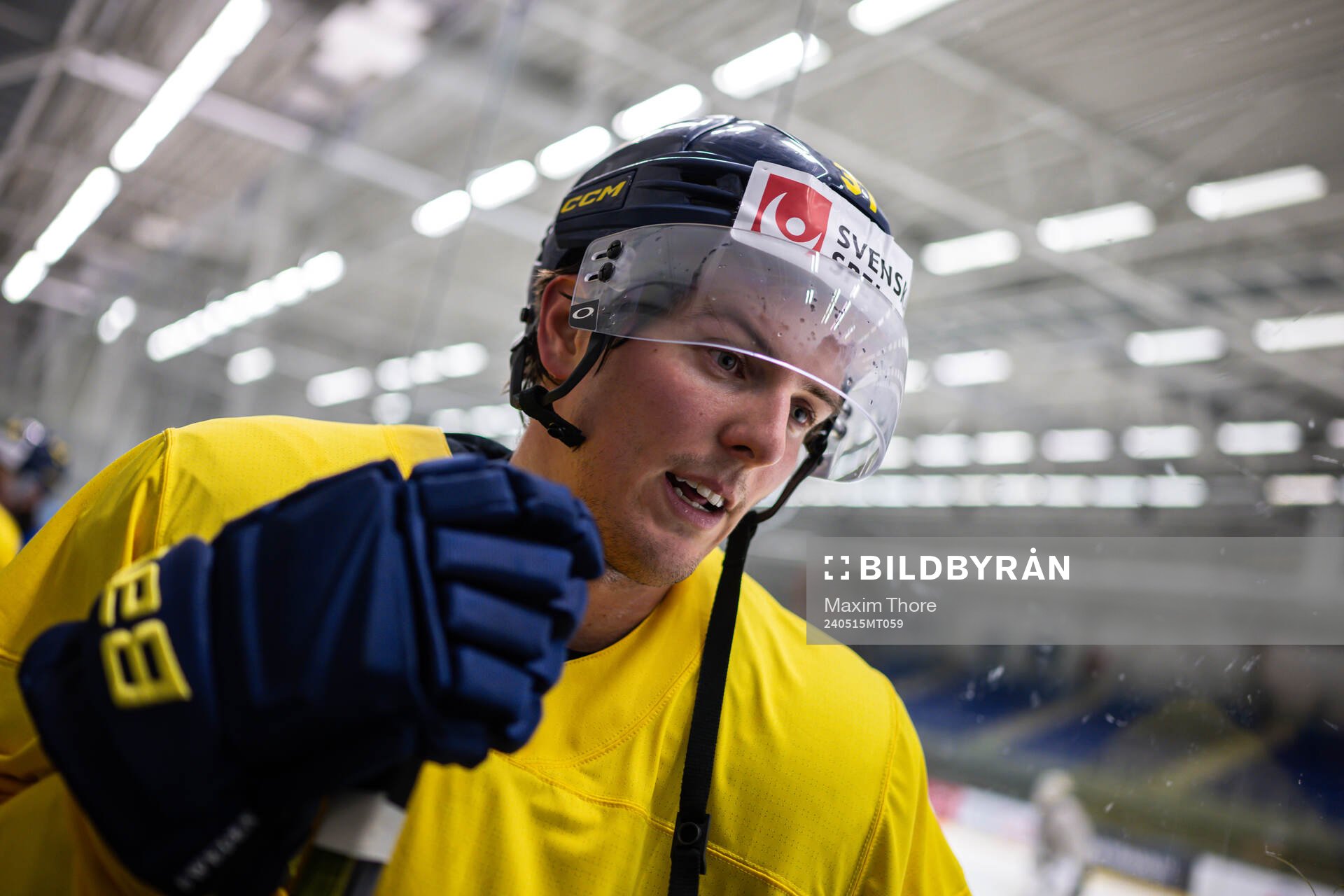 Isac Lundeström of Sweden speaks with media