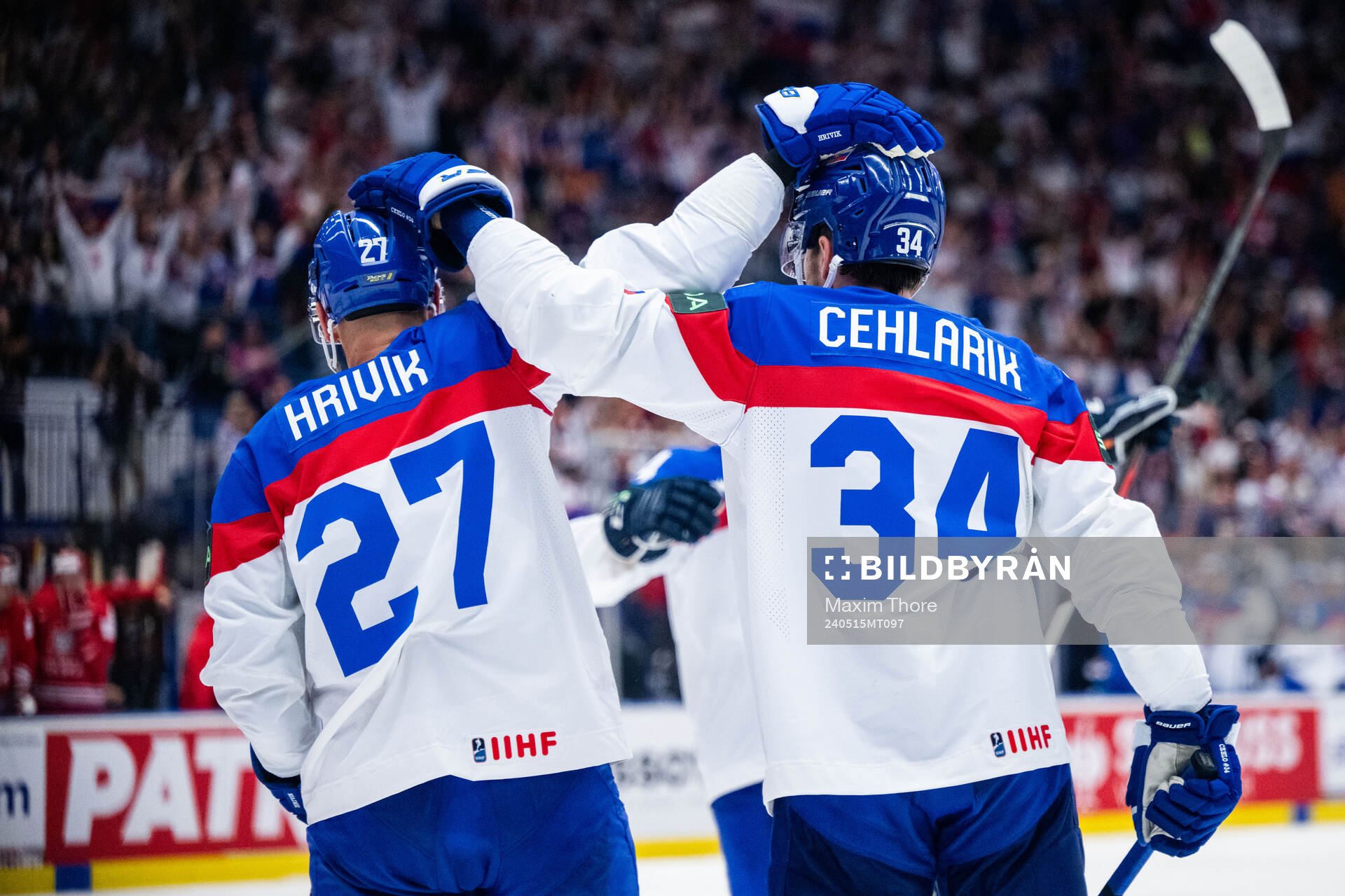 Marek Hrivik and Peter Cehlarik of Slovakia celebrate