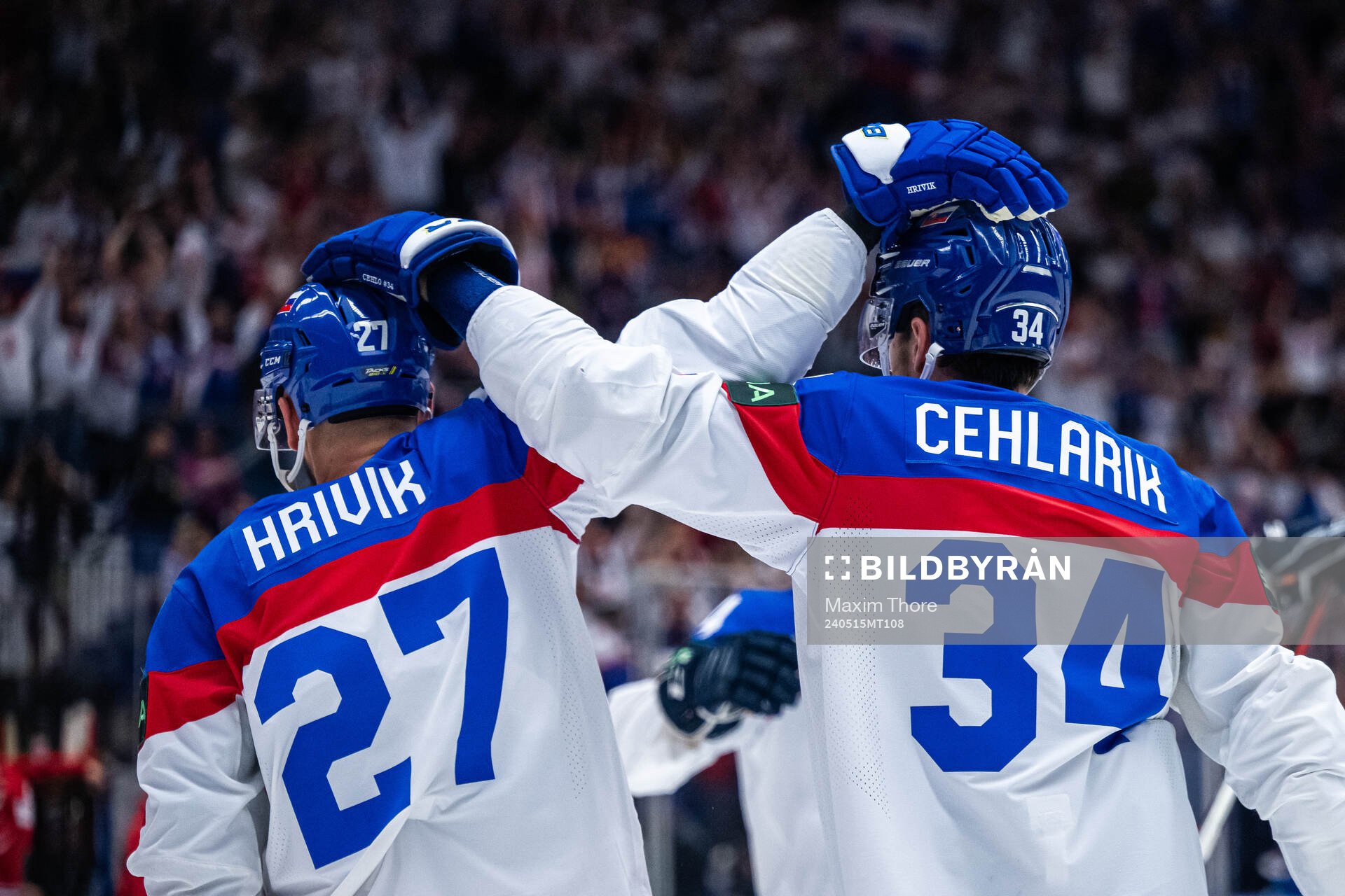 Marek Hrivik and Peter Cehlarik of Slovakia celebrate the