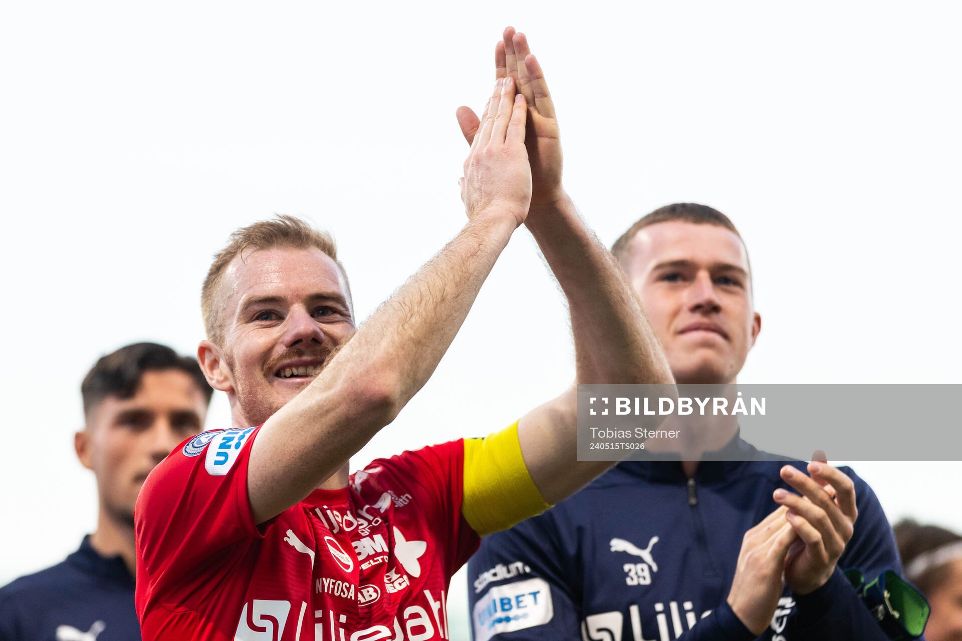 Värnamos Freddy Winsth jublar efter fotbollsmatchen i Allsvenskan mellan Västerås och Värnamo den 15 maj 2024 i Västerås. 