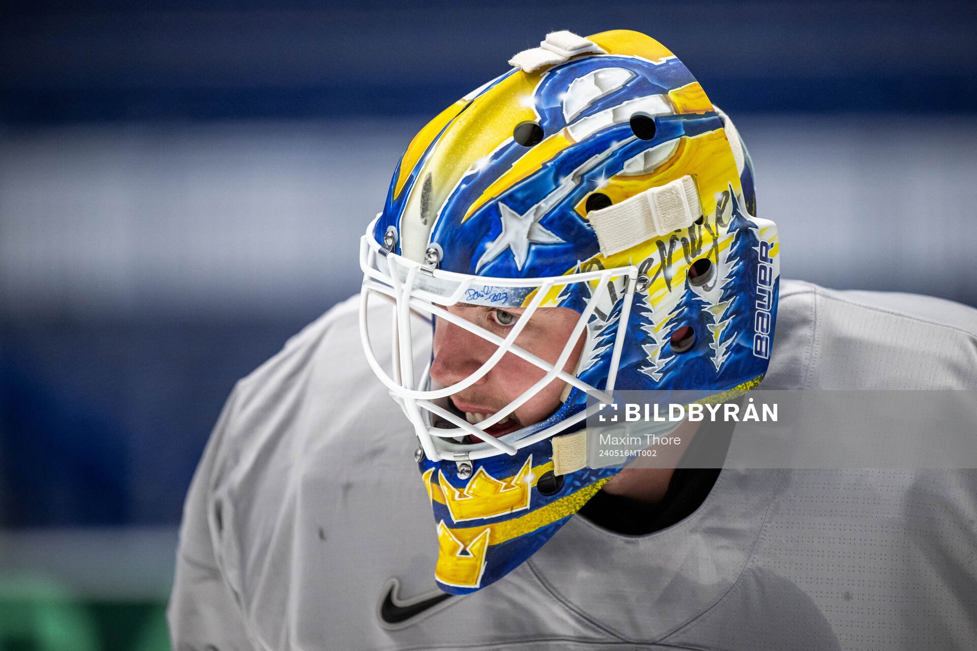 Goaltender Jesper Wallstedt of Sweden at a practice session