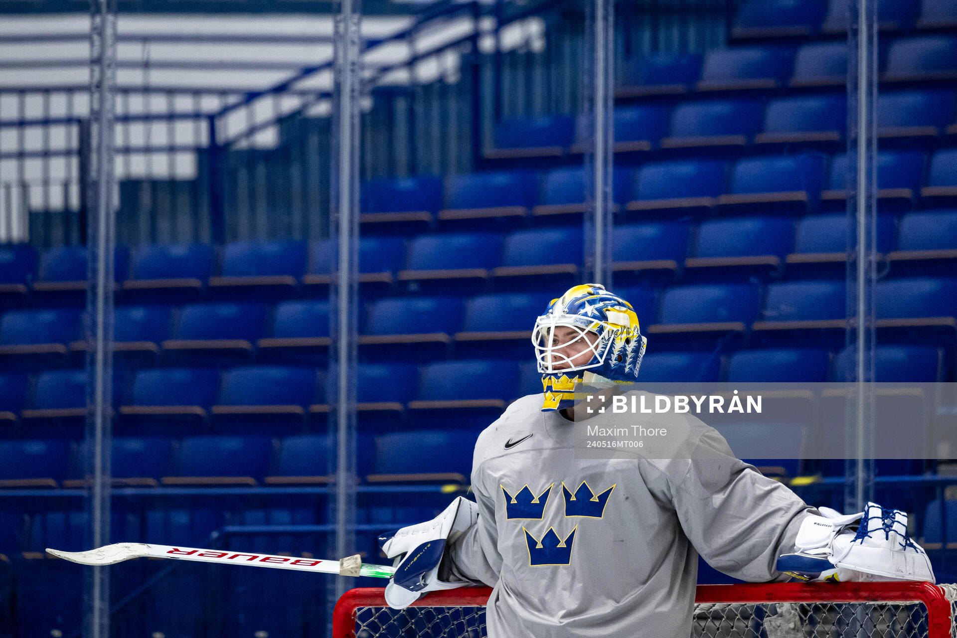 Goaltender Jesper Wallstedt of Sweden at a practice session