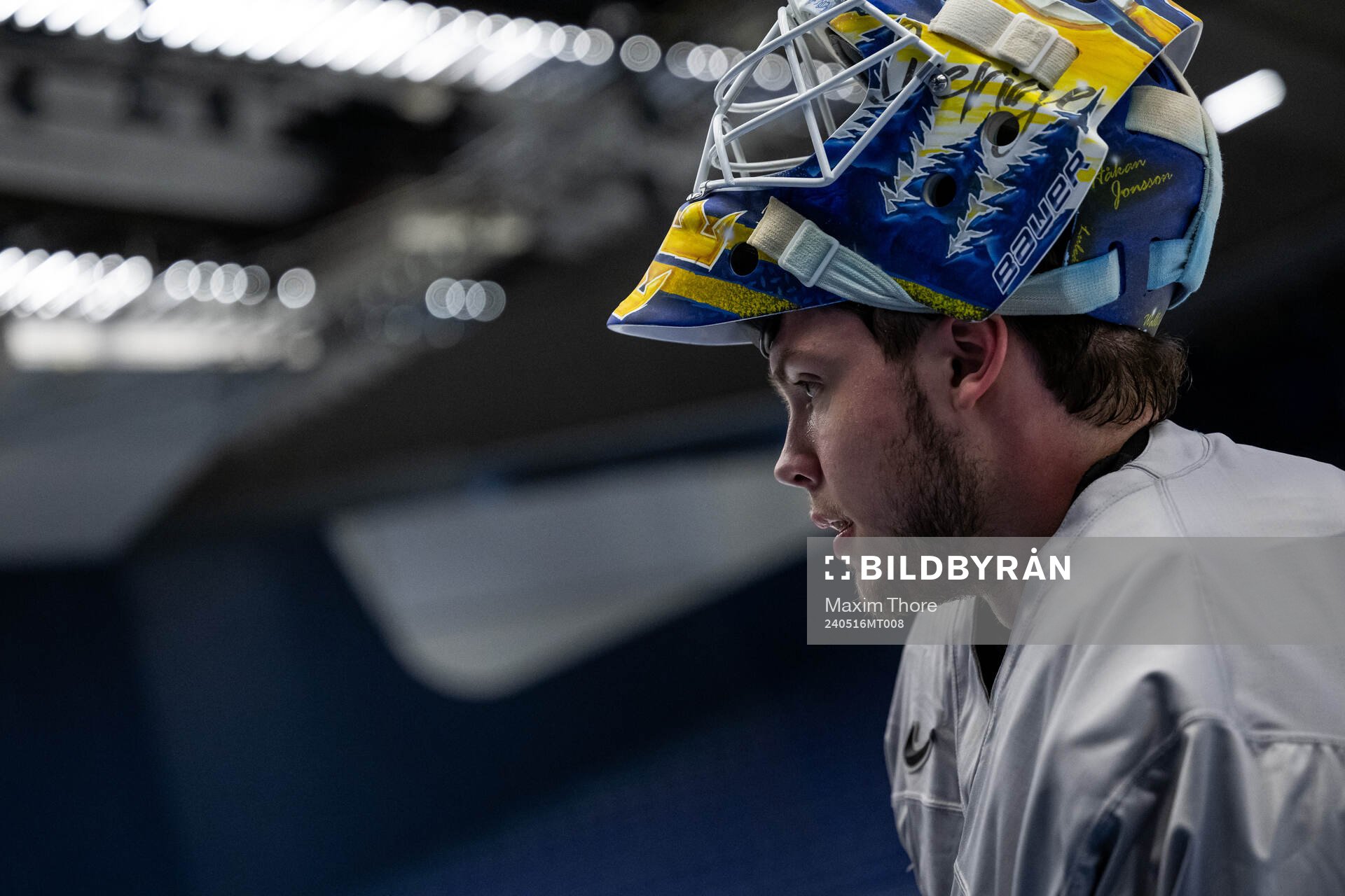 Goaltender Jesper Wallstedt of Sweden at a practice session