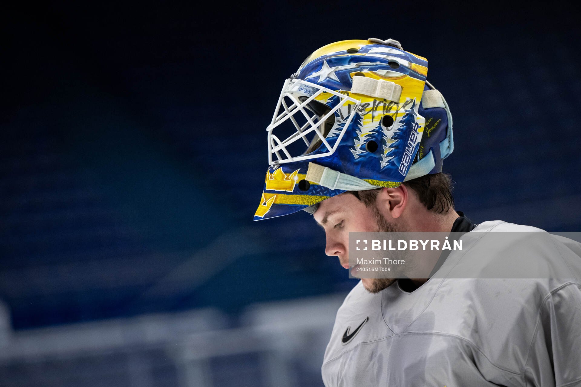 Goaltender Jesper Wallstedt of Sweden at a practice session