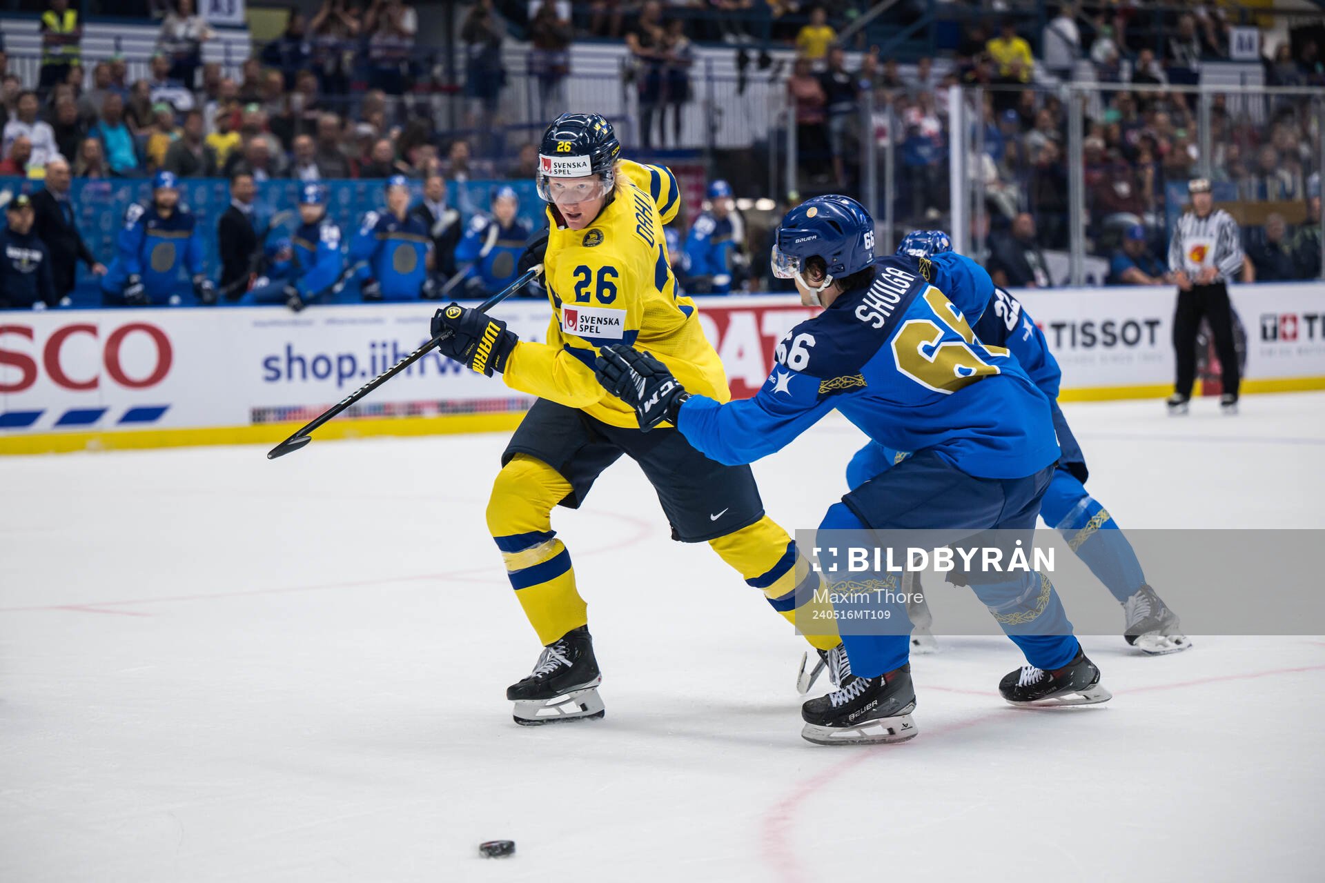 Rasmus Dahlin of Sweden and Nikolay Shulga Kazakhstan