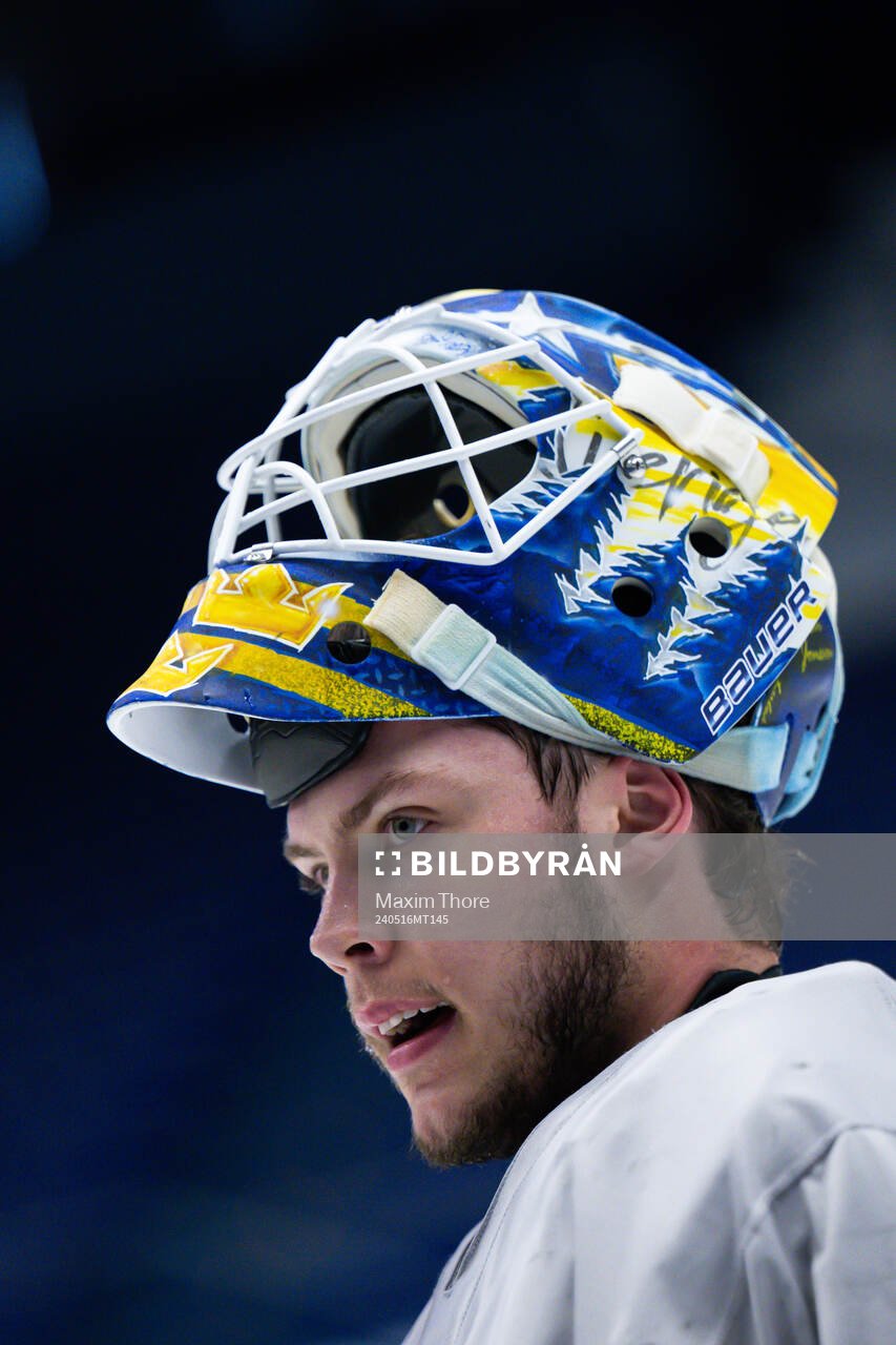 Goaltender Jesper Wallstedt of Sweden at a practice session