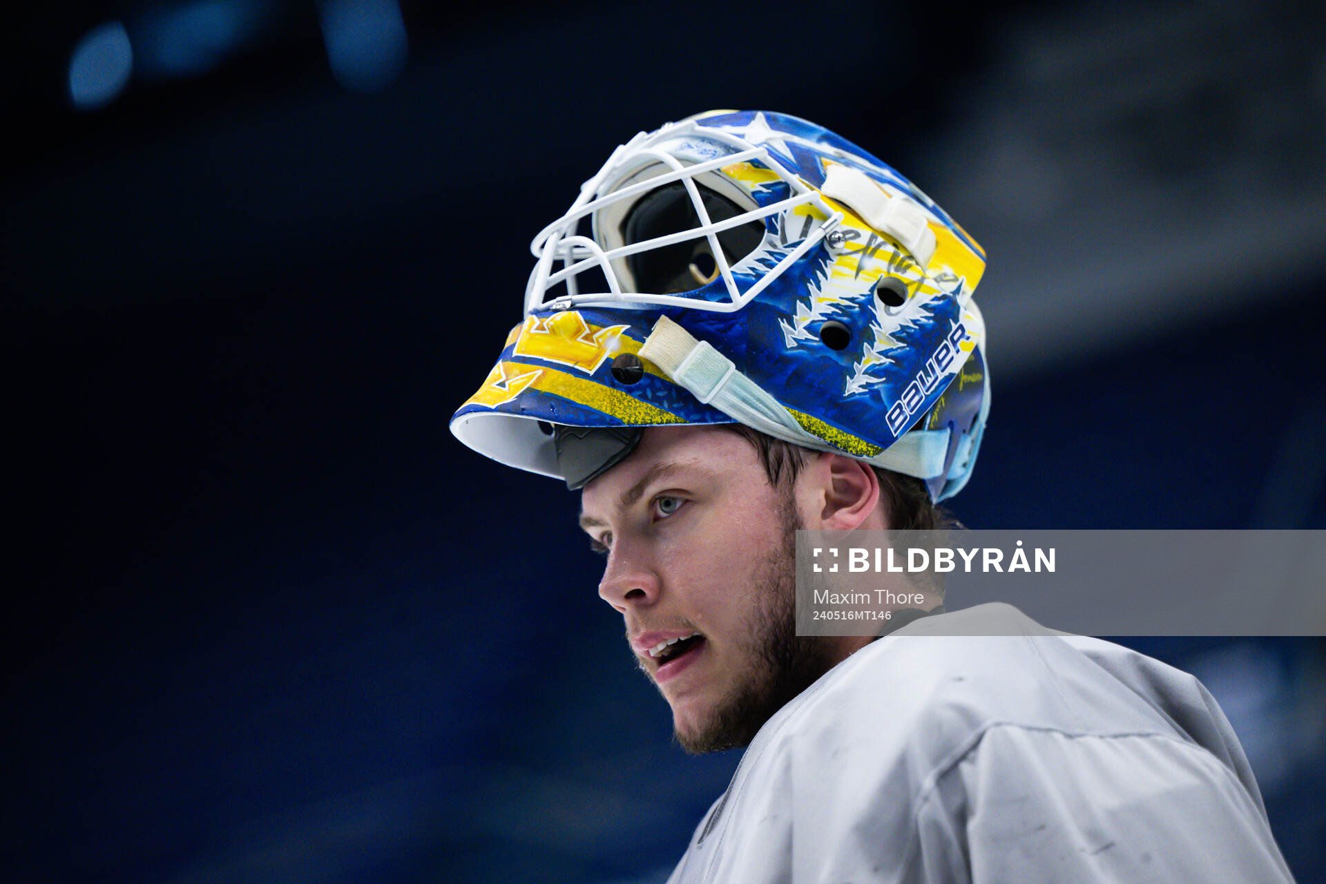 Goaltender Jesper Wallstedt of Sweden at a practice session