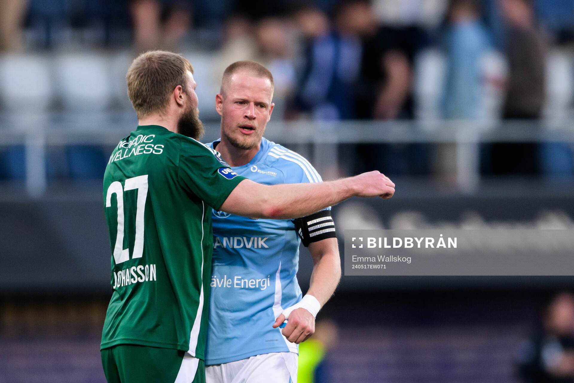 Gefles Tobias Johansson och Martin Rauschenberg Brorsen jublar efter fotbollsmatchen i Superettan mellan Gefle och GIF Sundsvall den 17 maj 2024 i Gävle.