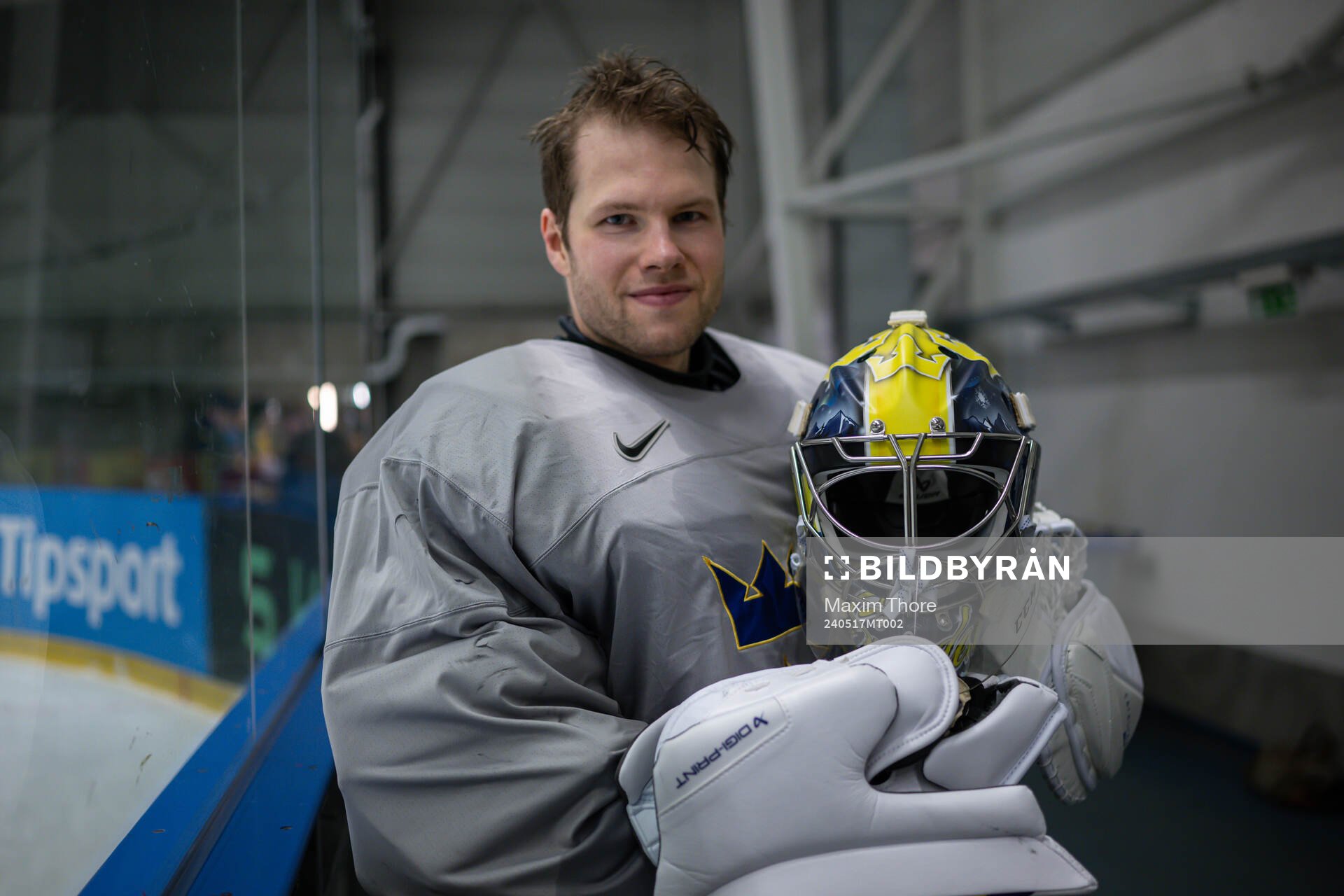 Goaltender Filip Gustavsson of Sweden poses for a picture