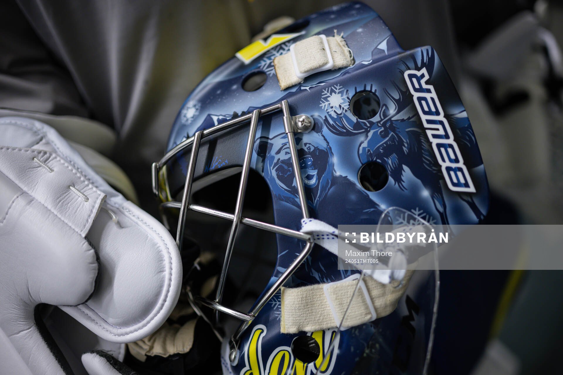 Goaltender Filip Gustavsson shows his helmet