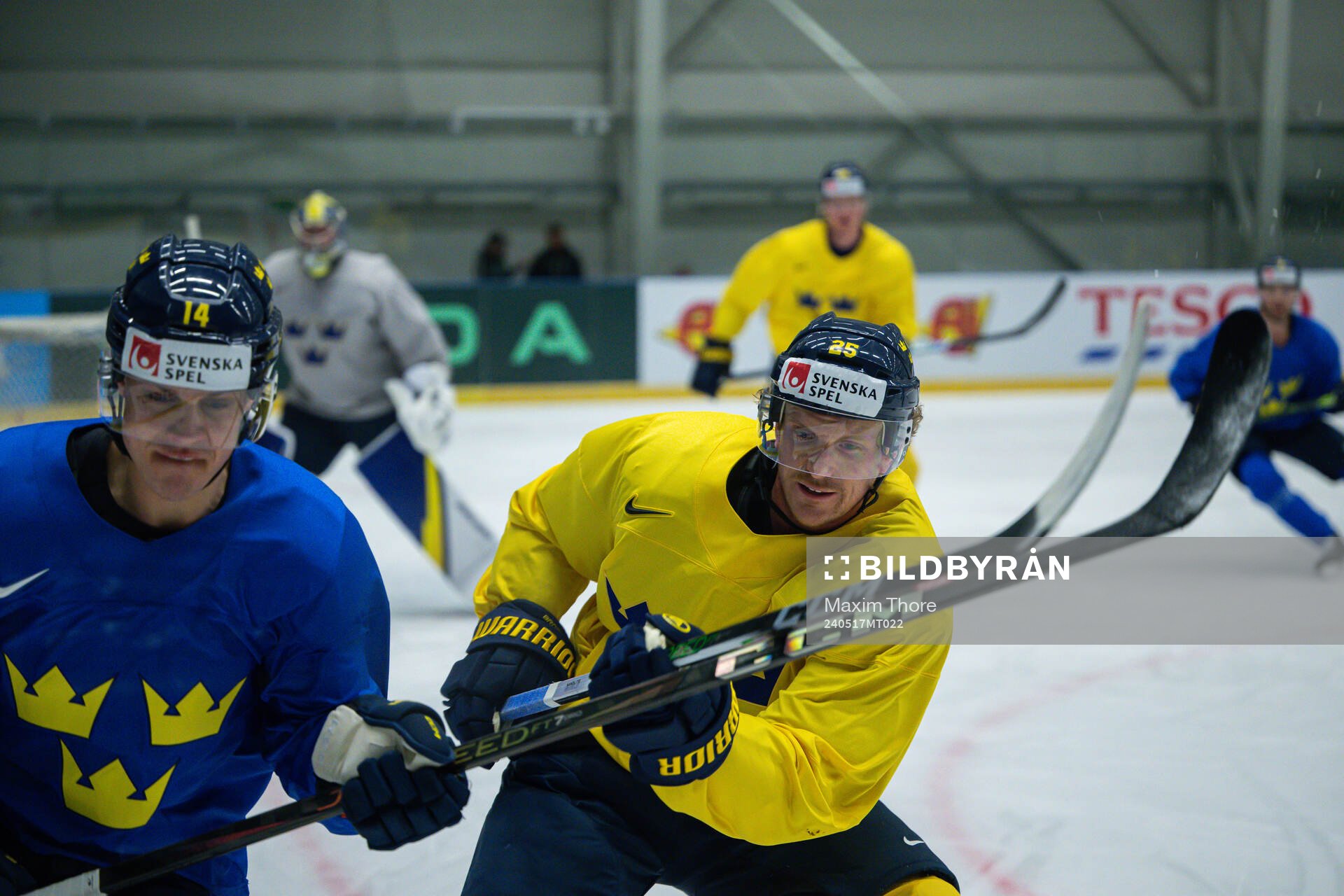 Joel Eriksson Ek and Jonas Brodin of Sweden at a practice