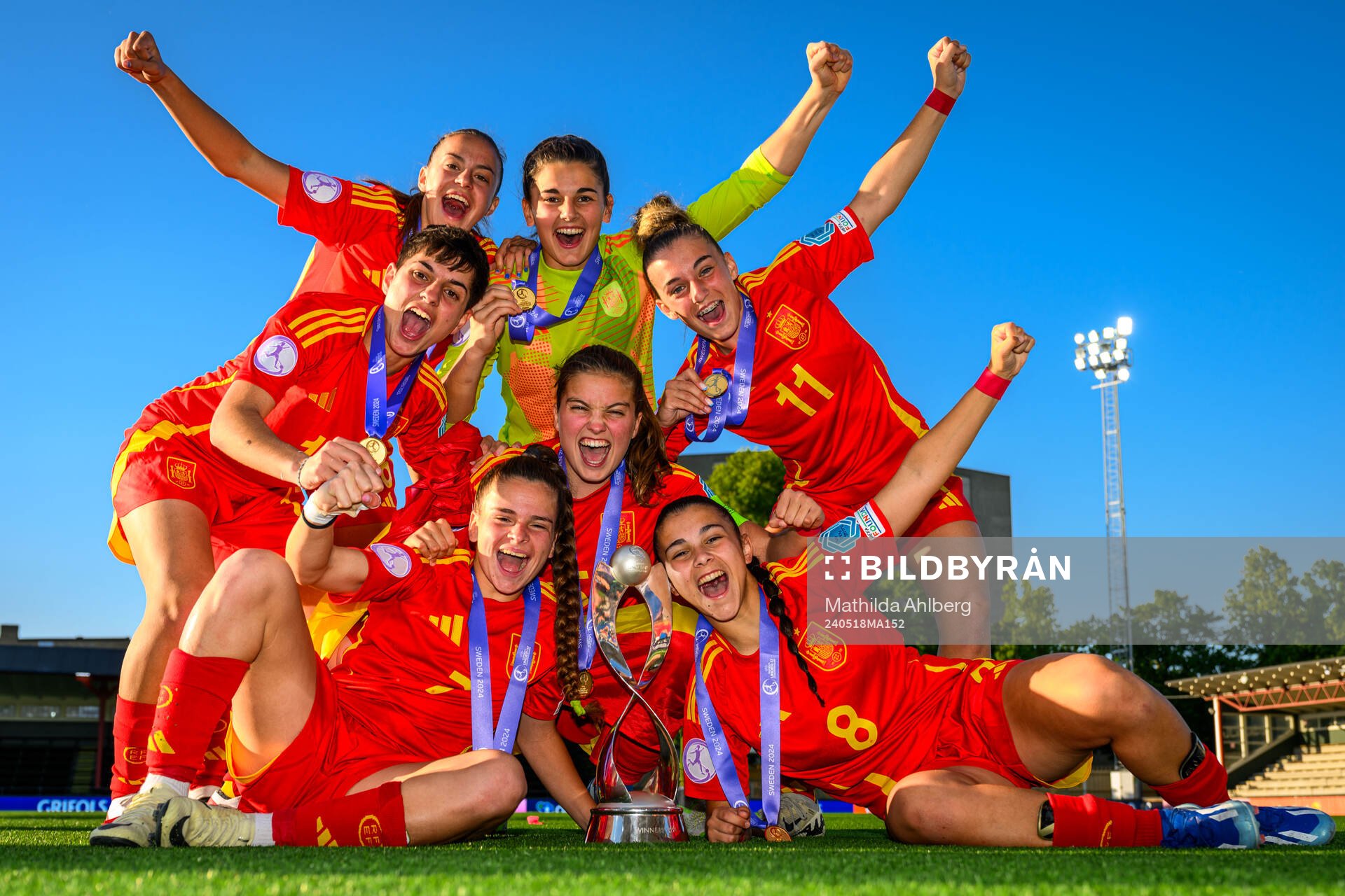Players of Spain celebrate after the UEFA European Women’s Under-17 Championship final match between England and Spain on May 18, 2024 in Malmö.