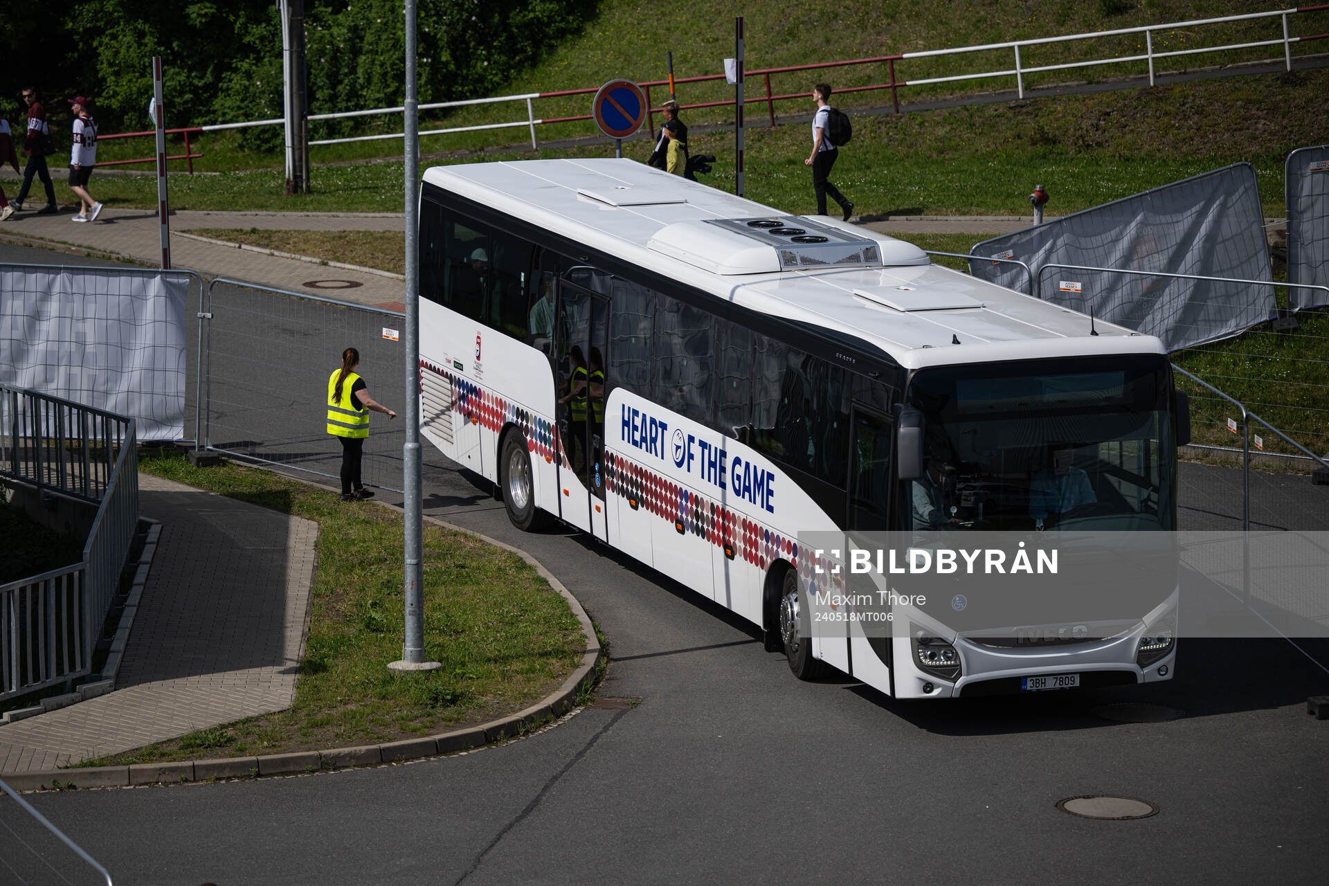 The team bus of Sweden arrives to the arena