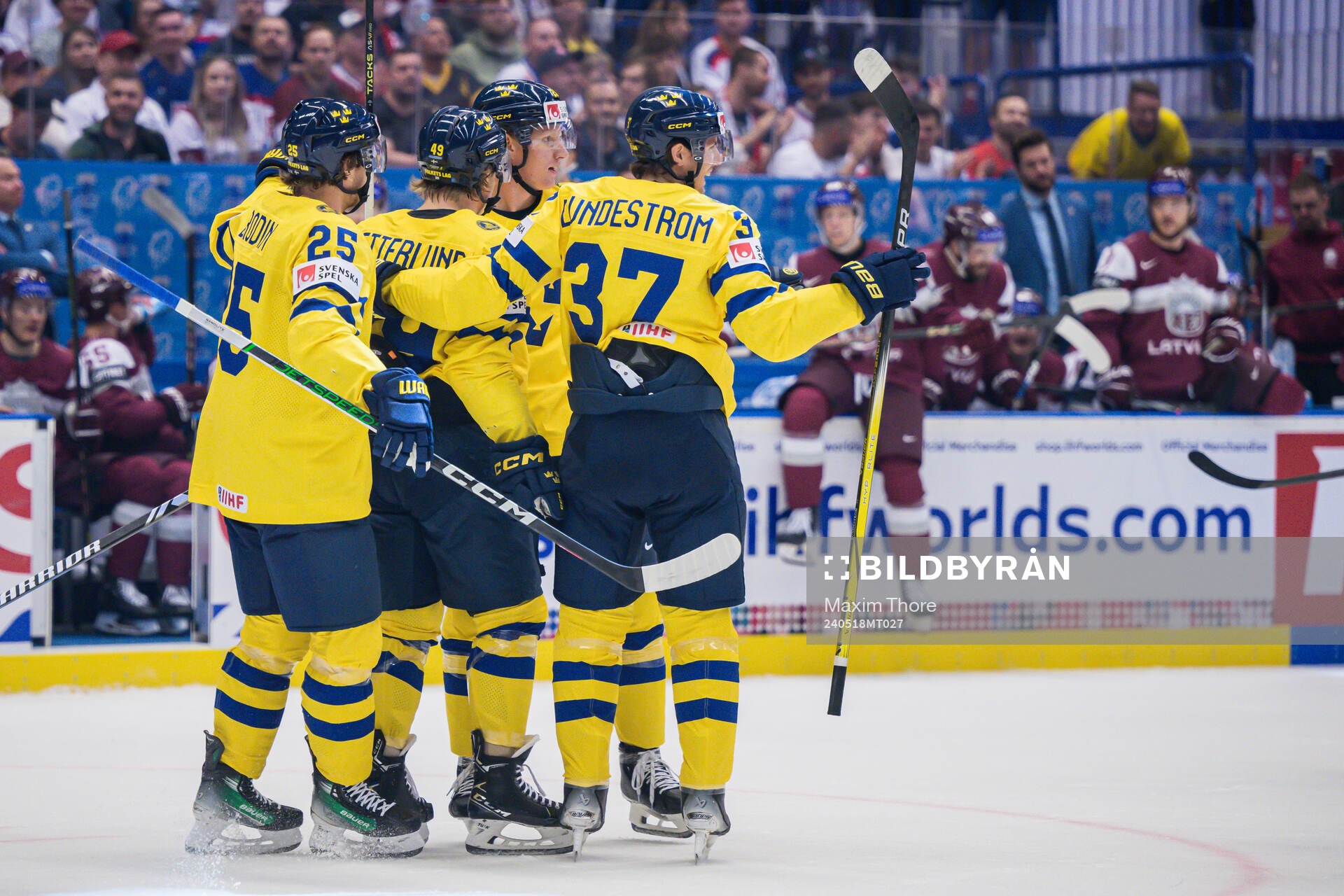 Rasmus Dahlin of Sweden celebrate with teammates