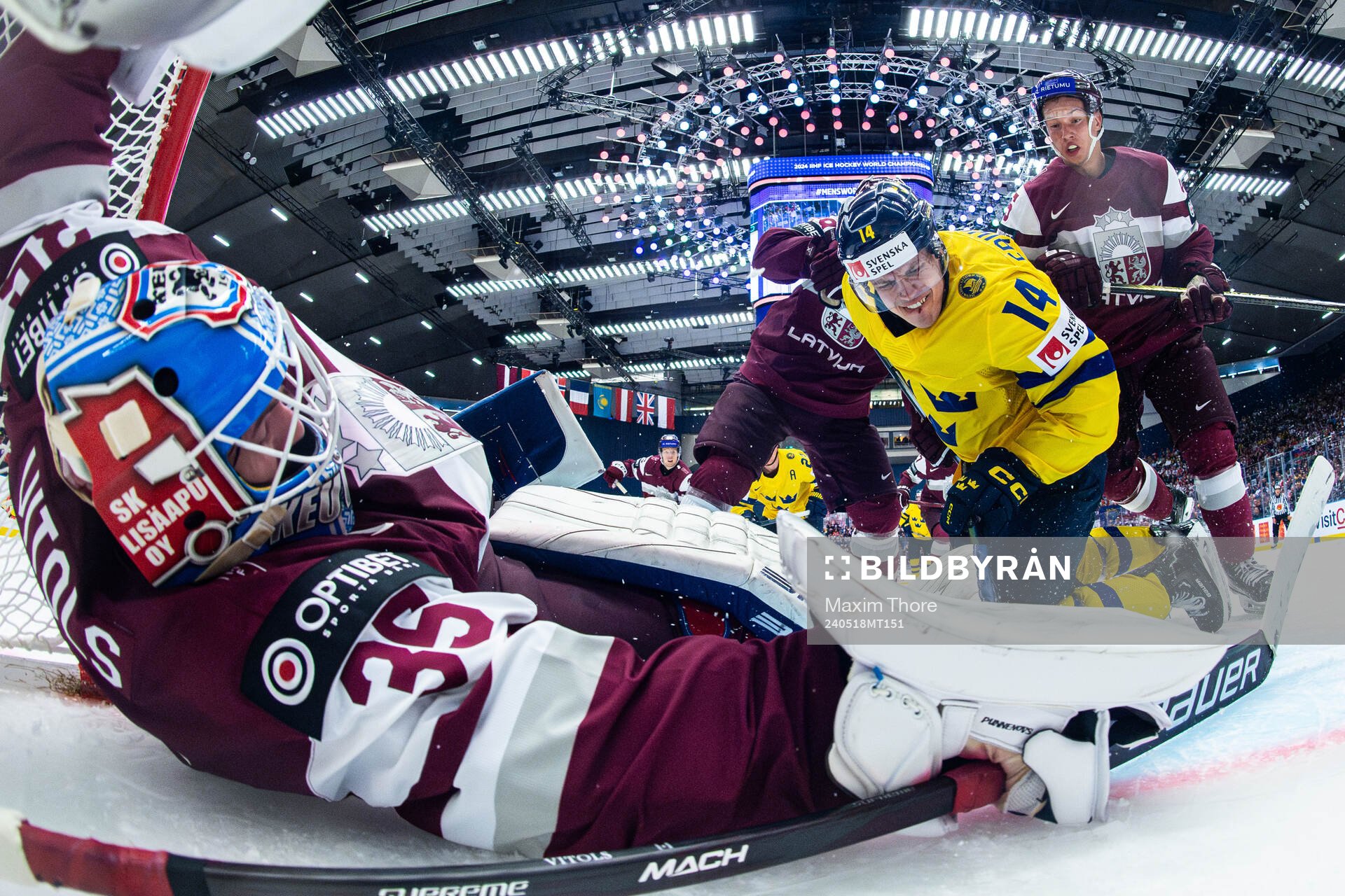 Goaltender Kristers Gudlevskis of Latvia against Joel