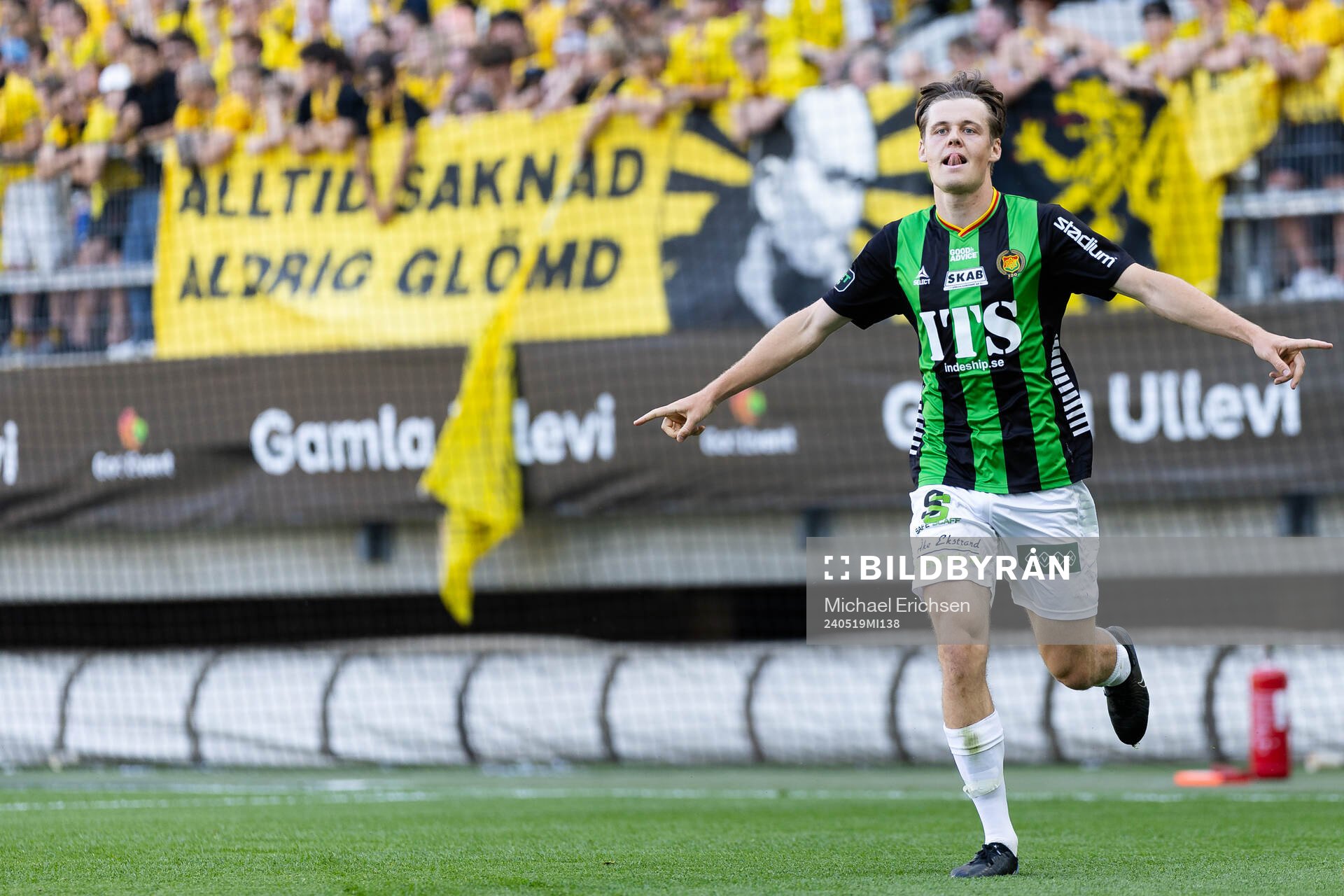 GAIS Axel Henriksson jublar efter 2-0 under fotbollsmatchen i Allsvenskan mellan GAIS och Elfsborg den 19 maj 2024 i Göteborg. 