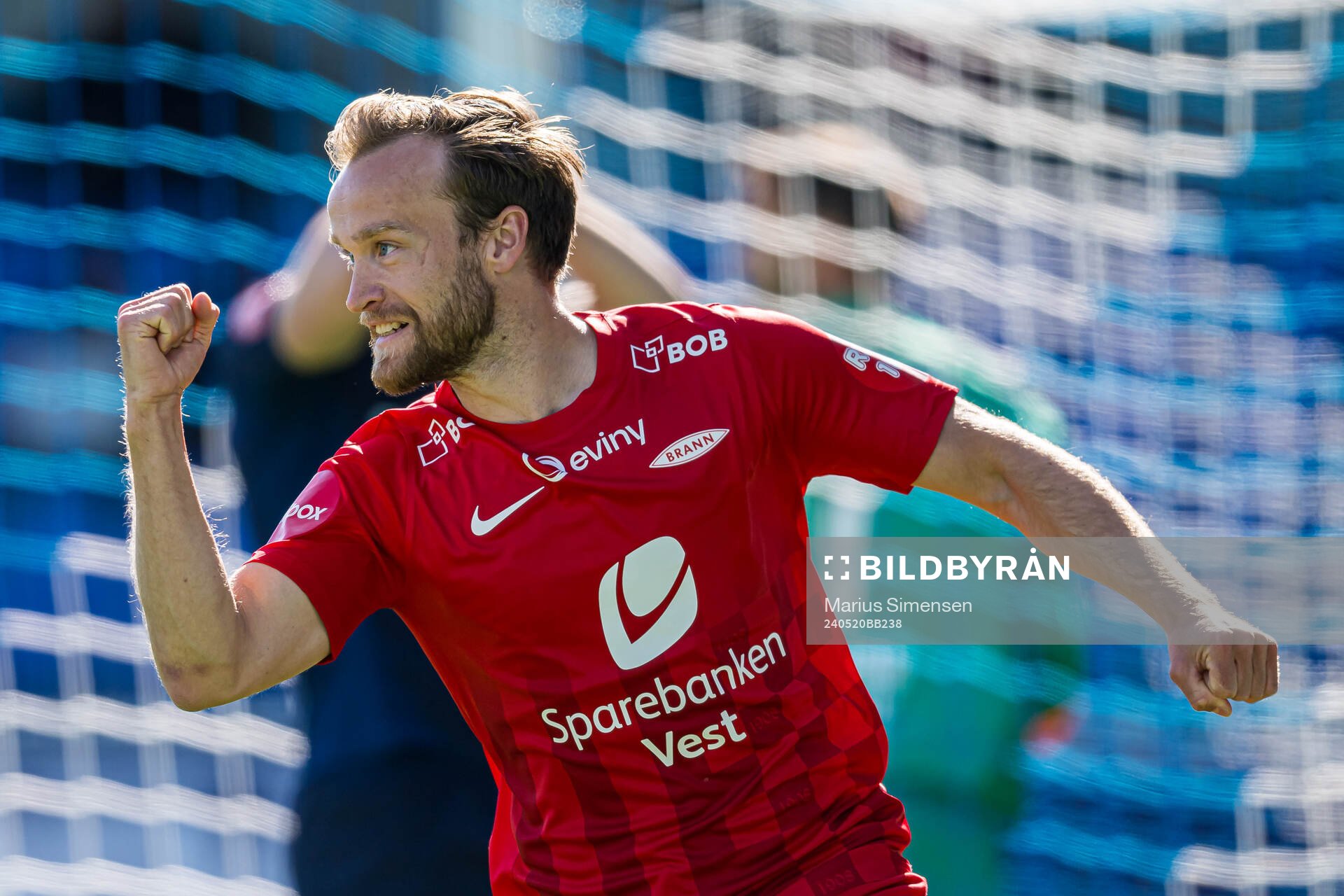 Bård Finne of Brann celebrates after scoring the 1-1 goal during the Eliteserien match between Kristiansund and Brann on May 20, 2024 in Kristiansund.