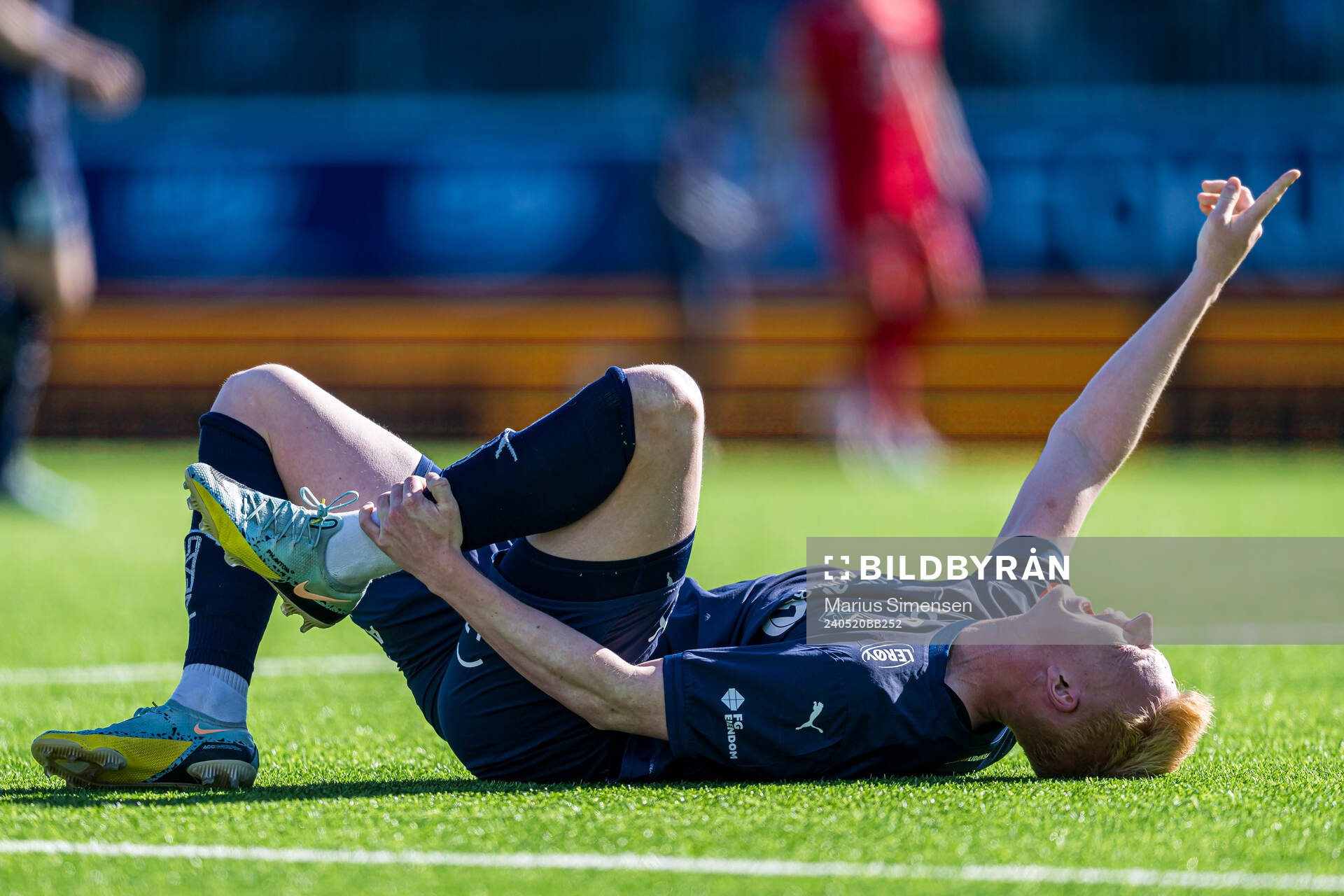 Marius Berntsen Olsen of Kristiansund in pain during the Eliteserien match between Kristiansund and Brann on May 20, 2024 in Kristiansund.