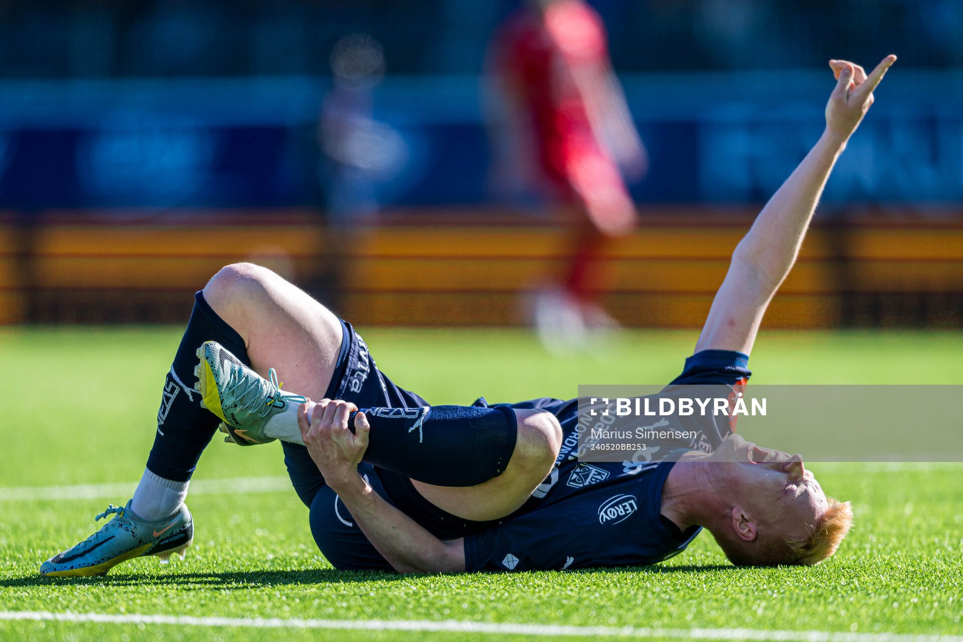 Marius Berntsen Olsen of Kristiansund in pain during the Eliteserien match between Kristiansund and Brann on May 20, 2024 in Kristiansund.