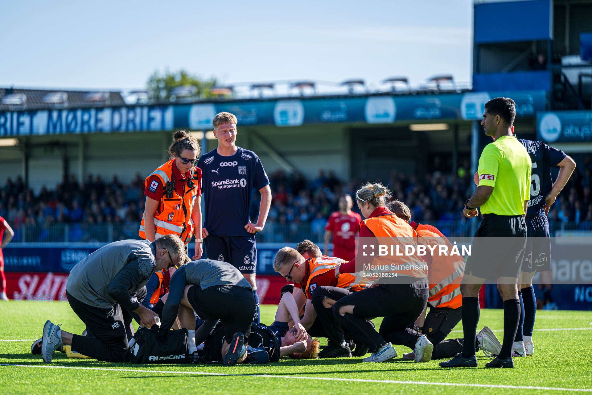 Marius Berntsen Olsen of Kristiansund in pain during the Eliteserien match between Kristiansund and Brann on May 20, 2024 in Kristiansund.