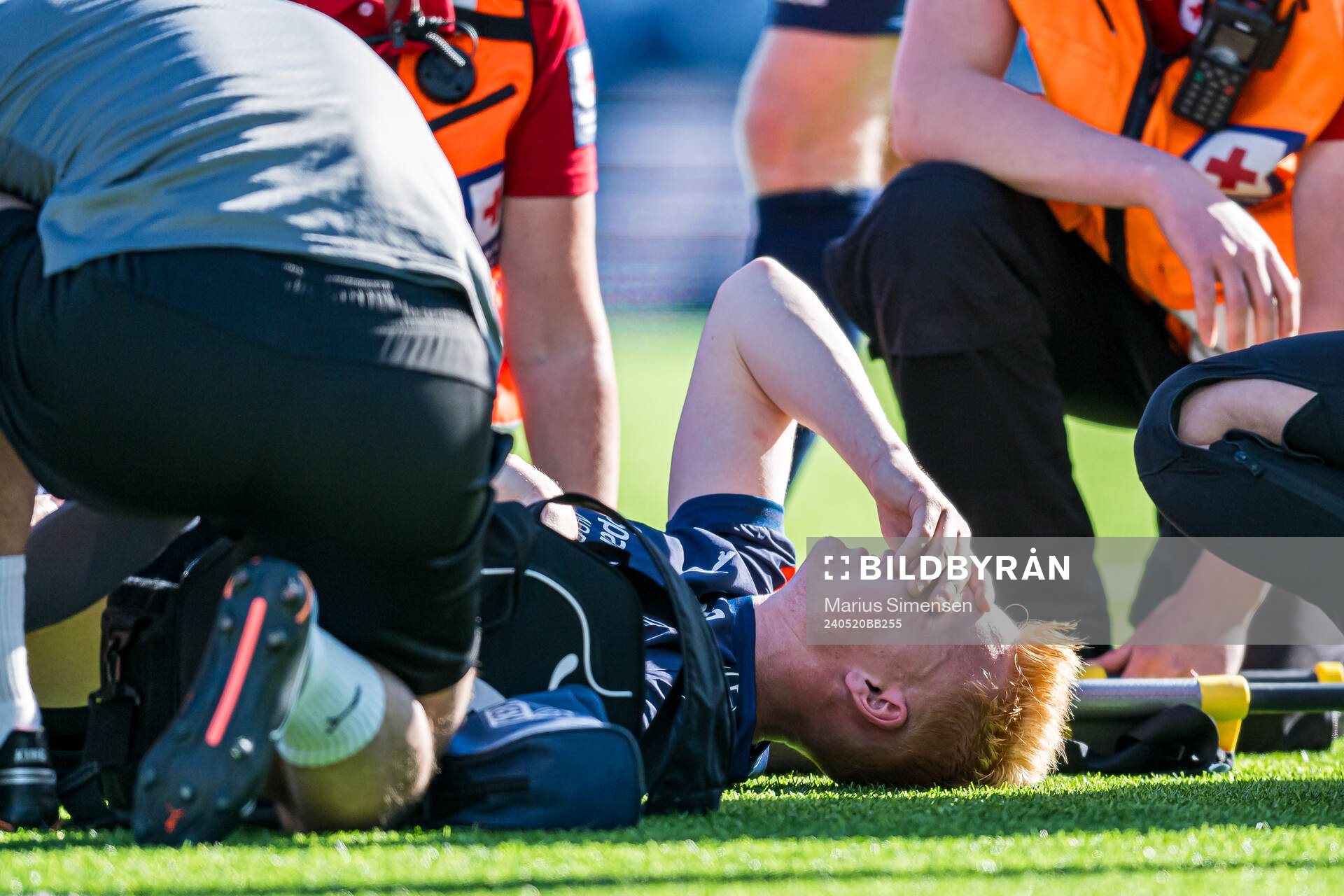 Marius Berntsen Olsen of Kristiansund in pain during the Eliteserien match between Kristiansund and Brann on May 20, 2024 in Kristiansund.